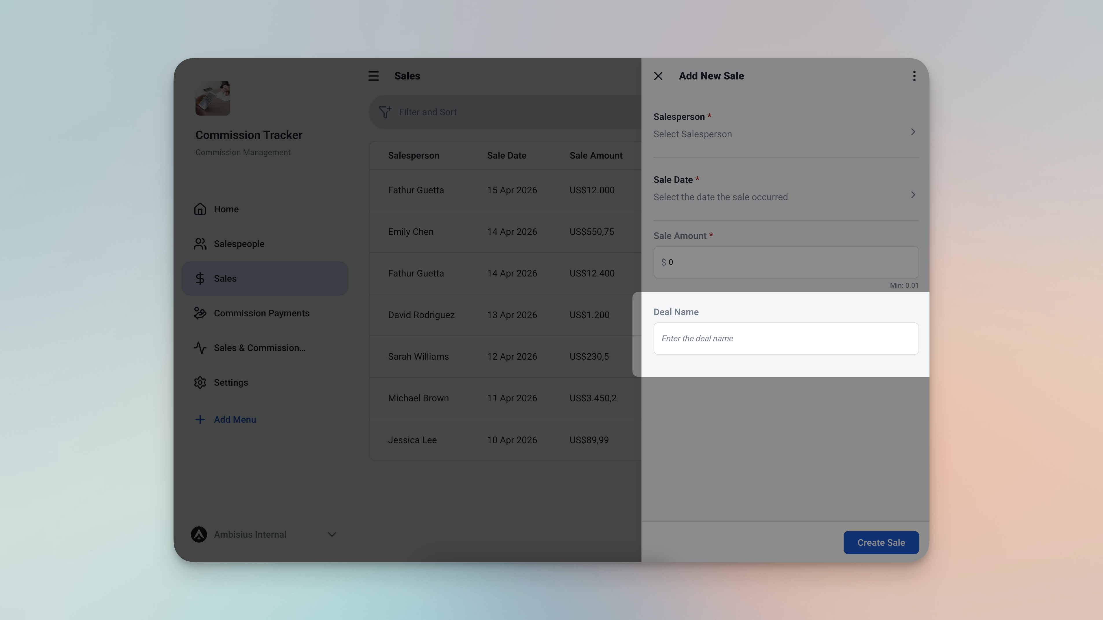 Ambisius Sales entry form updated with a new deal name field after AI customization