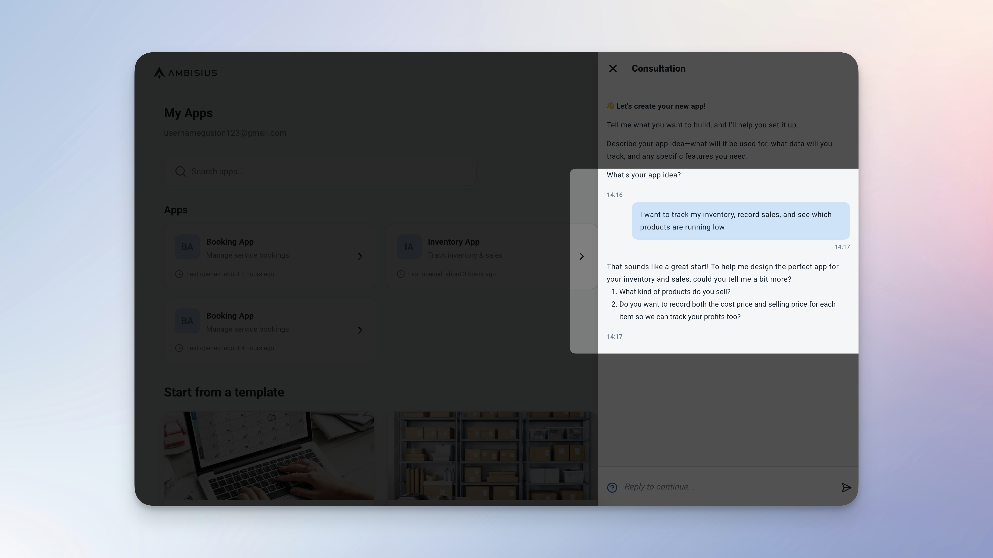 Ambisius AI chat interface where a user describes their business needs and the app is built automatically