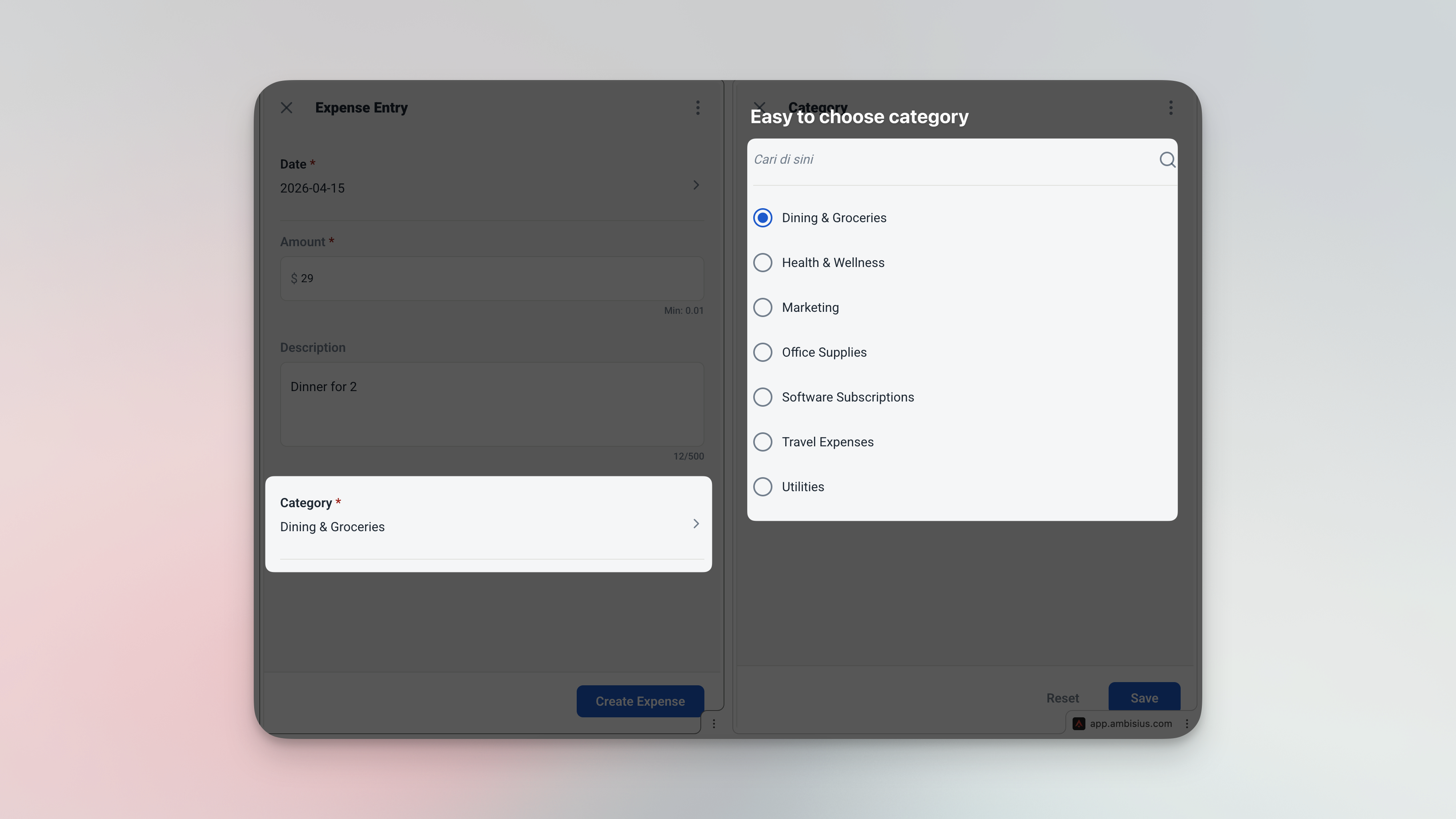 Ambisius expense entry form with today's date pre-filled and category dropdown open showing options