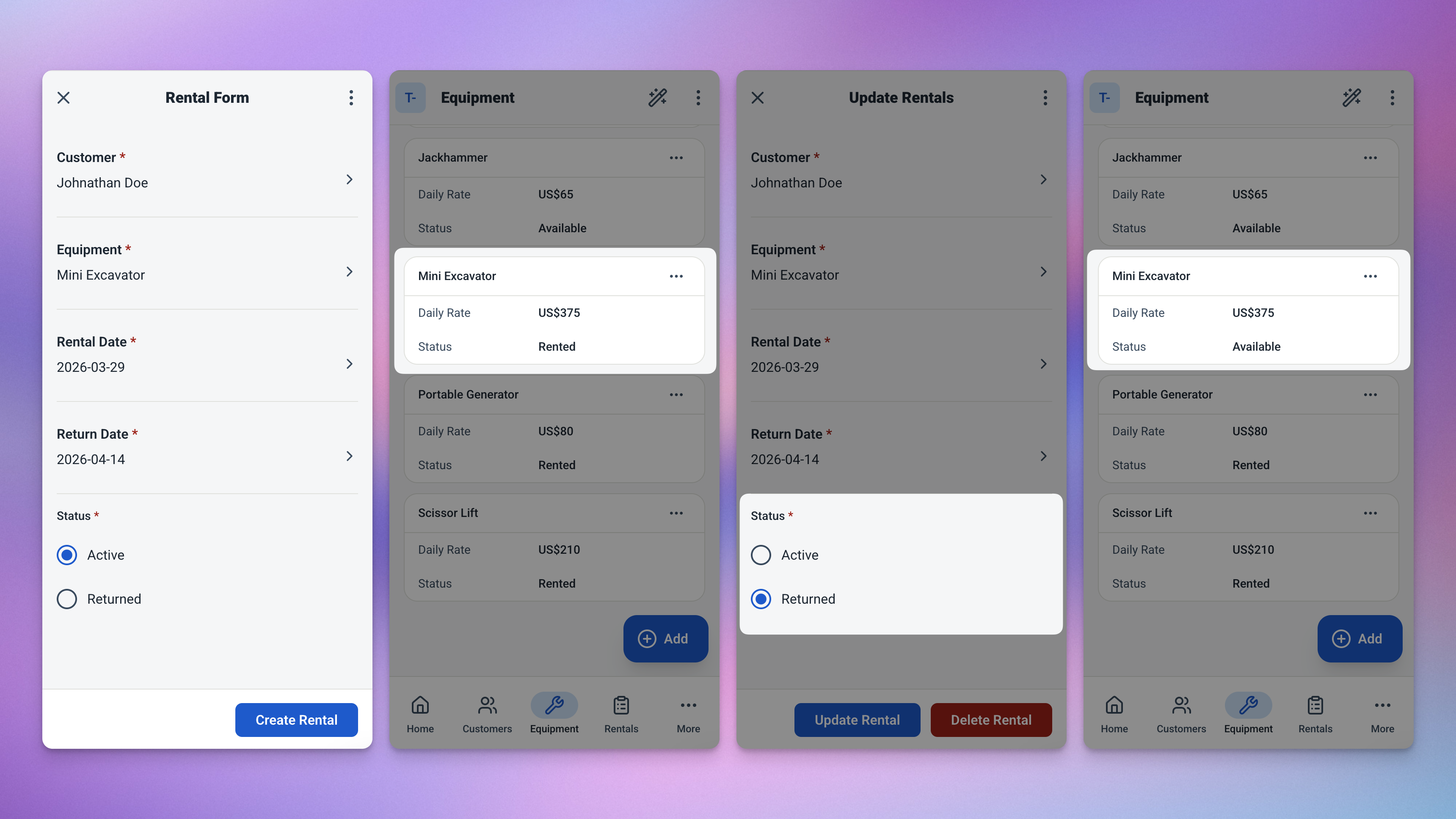 Rental lifecycle flow diagram from booking to return in Ambisius