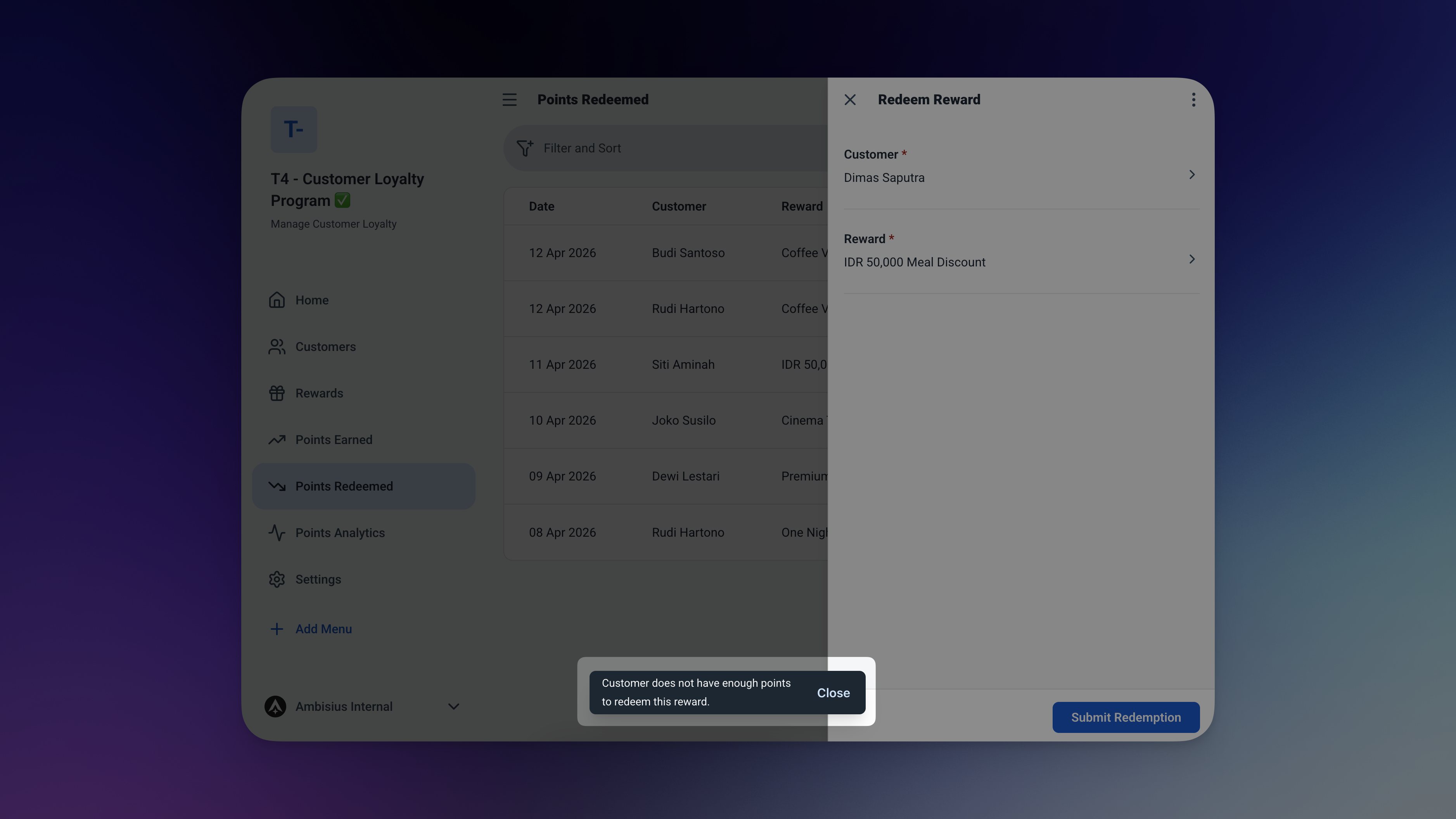 Validation error message in Ambisius blocking a points redemption that exceeds the customer's available balance