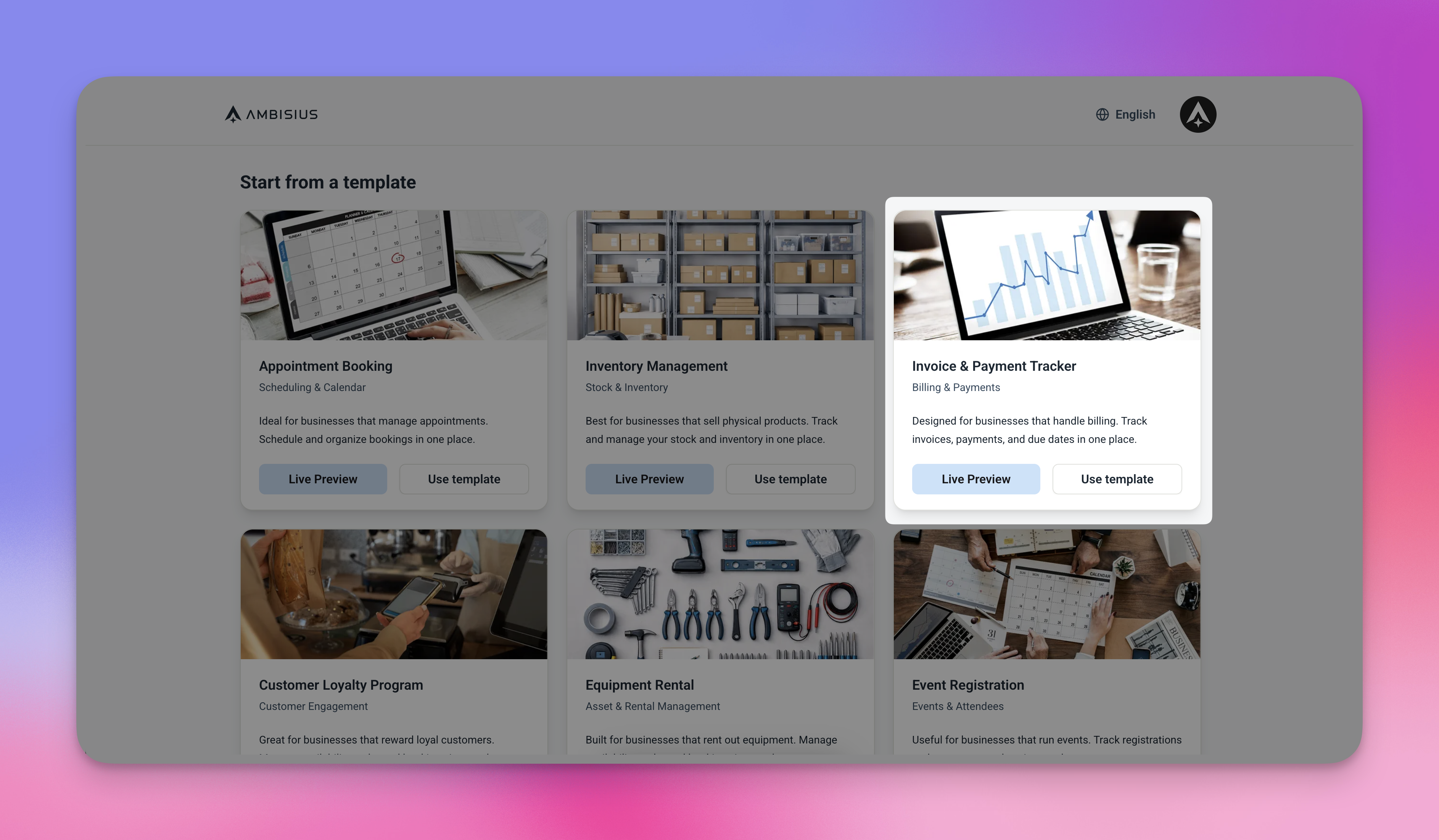 Layar katalog template Ambisius menunjukkan kartu template Pelacak Faktur dengan tombol Duplikat disorot