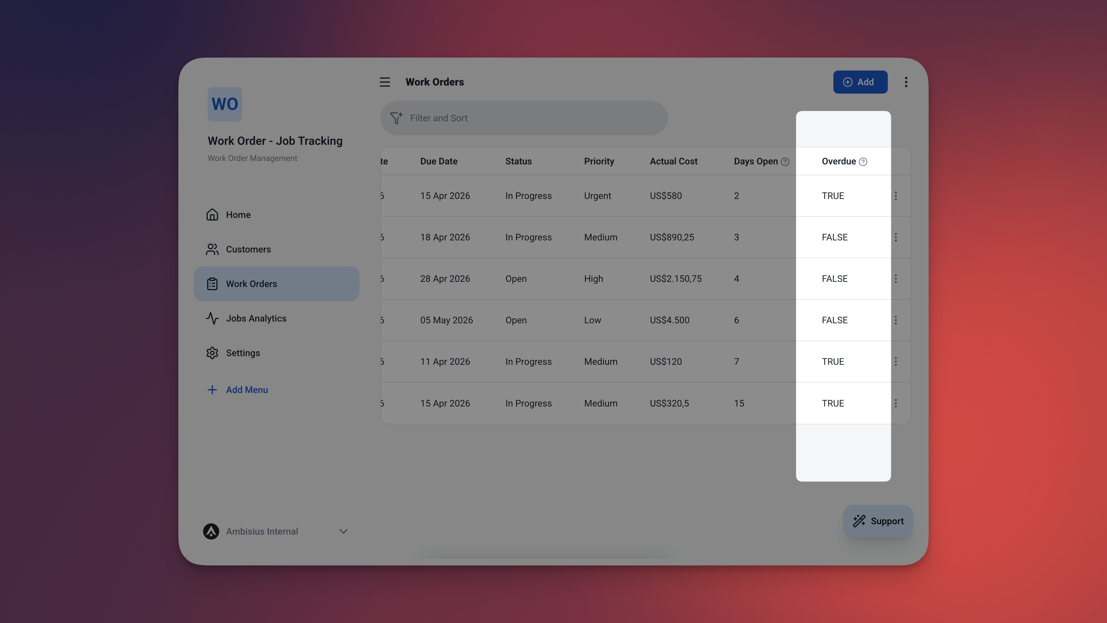Tabel pesanan kerja menyoroti kolom bendera terlambat dengan nilai benar pada catatan yang melewati batas waktu