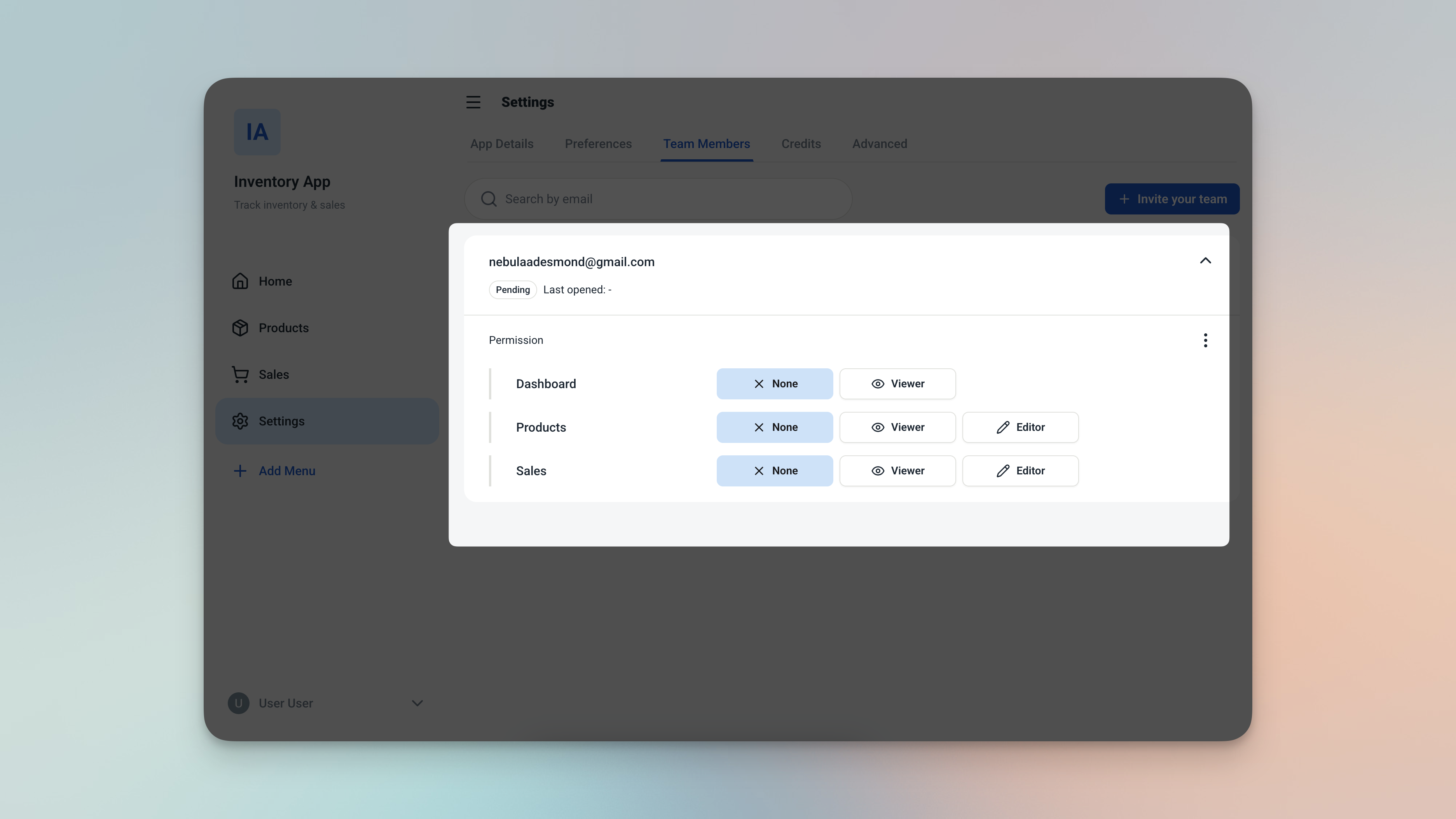 Ambisius access control settings screen showing per-menu permissions for different staff roles