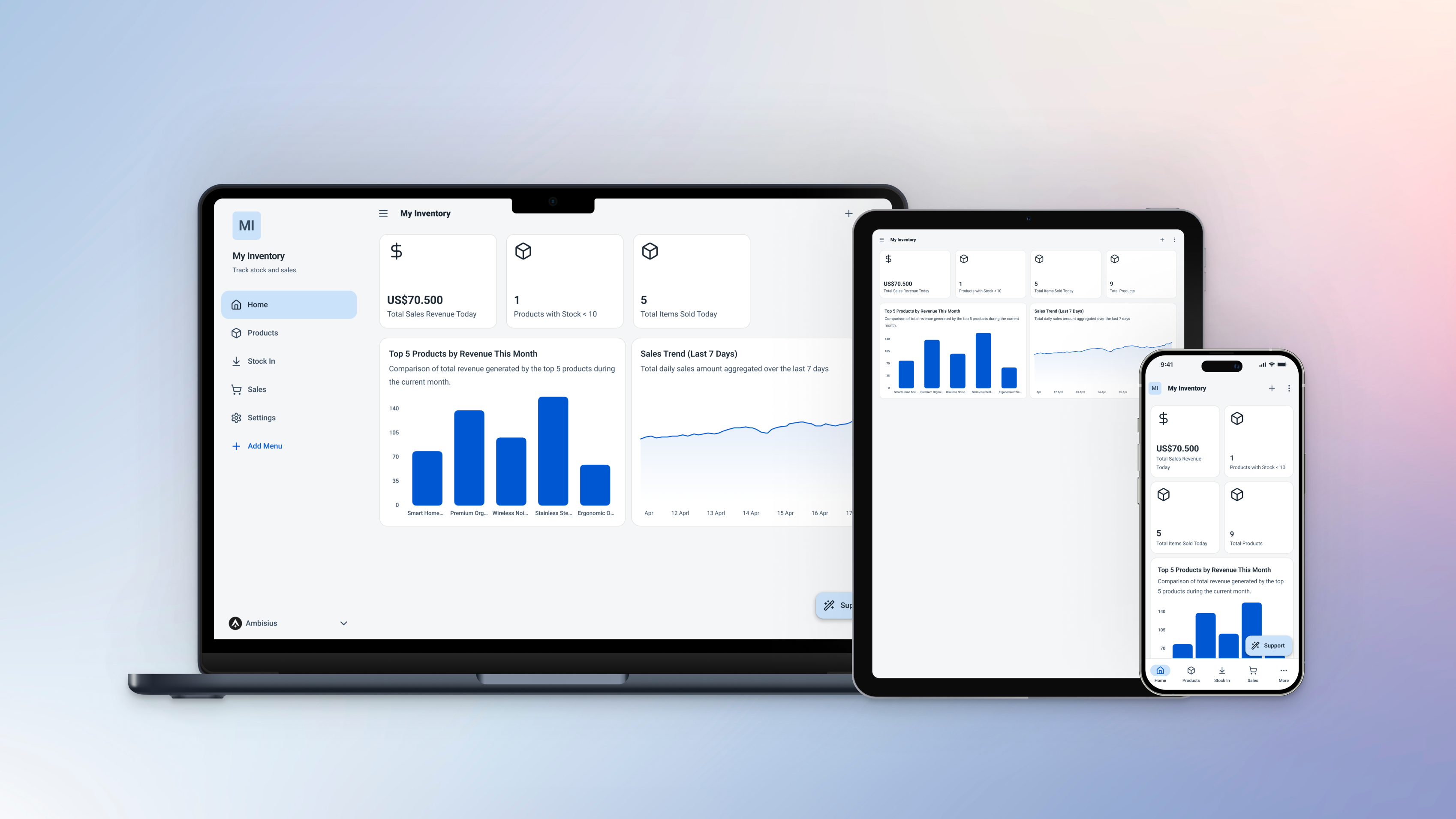 Ambisius app dashboard shown on mobile phone, tablet, and desktop browser — fully standalone with no spreadsheet dependency