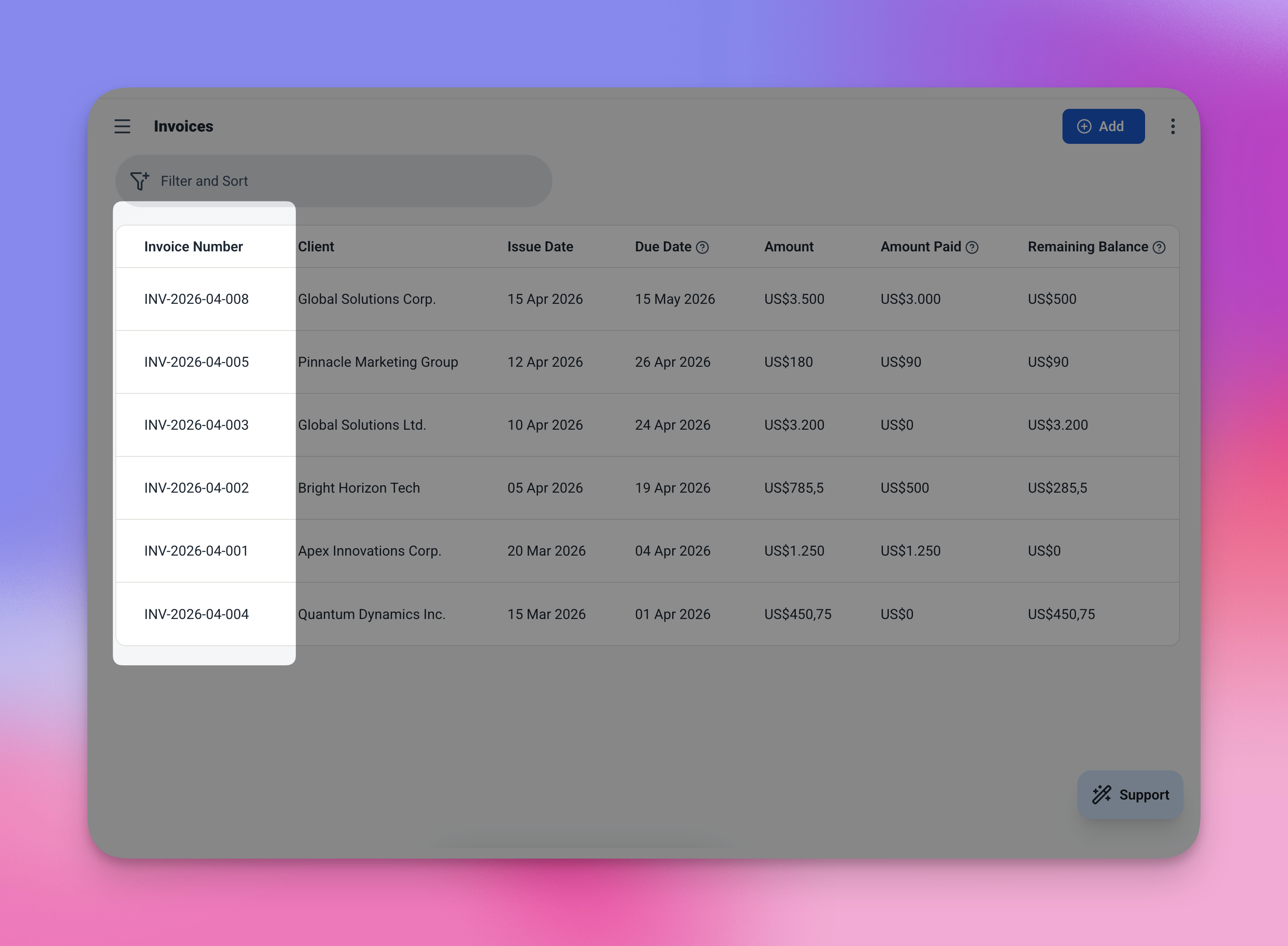 Catatan faktur di Ambisius menunjukkan bidang nomor faktur yang dibuat otomatis menampilkan INV-0004