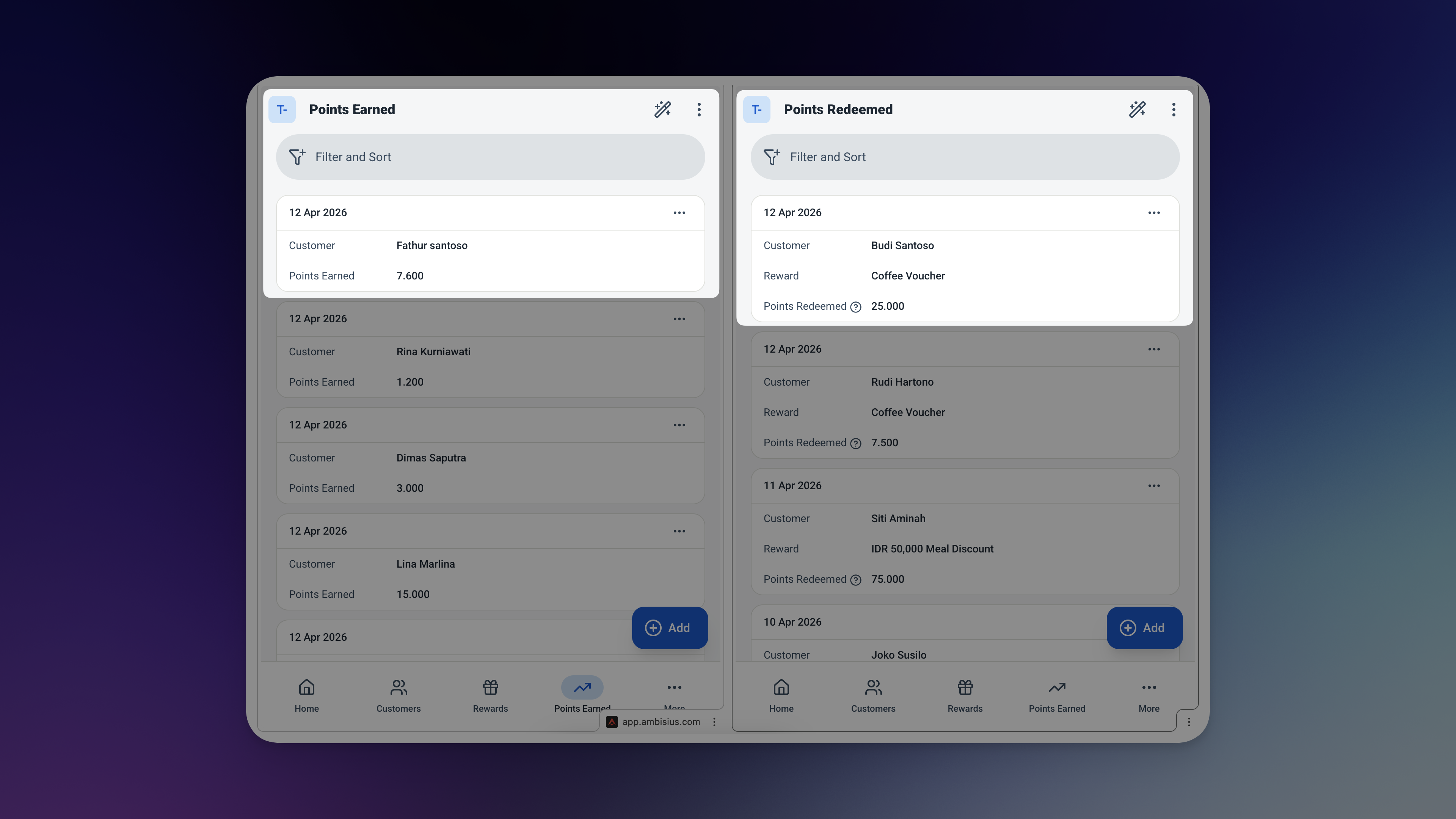 Ambisius Points Earned and Points Redeemed tables shown side by side with sample transaction data