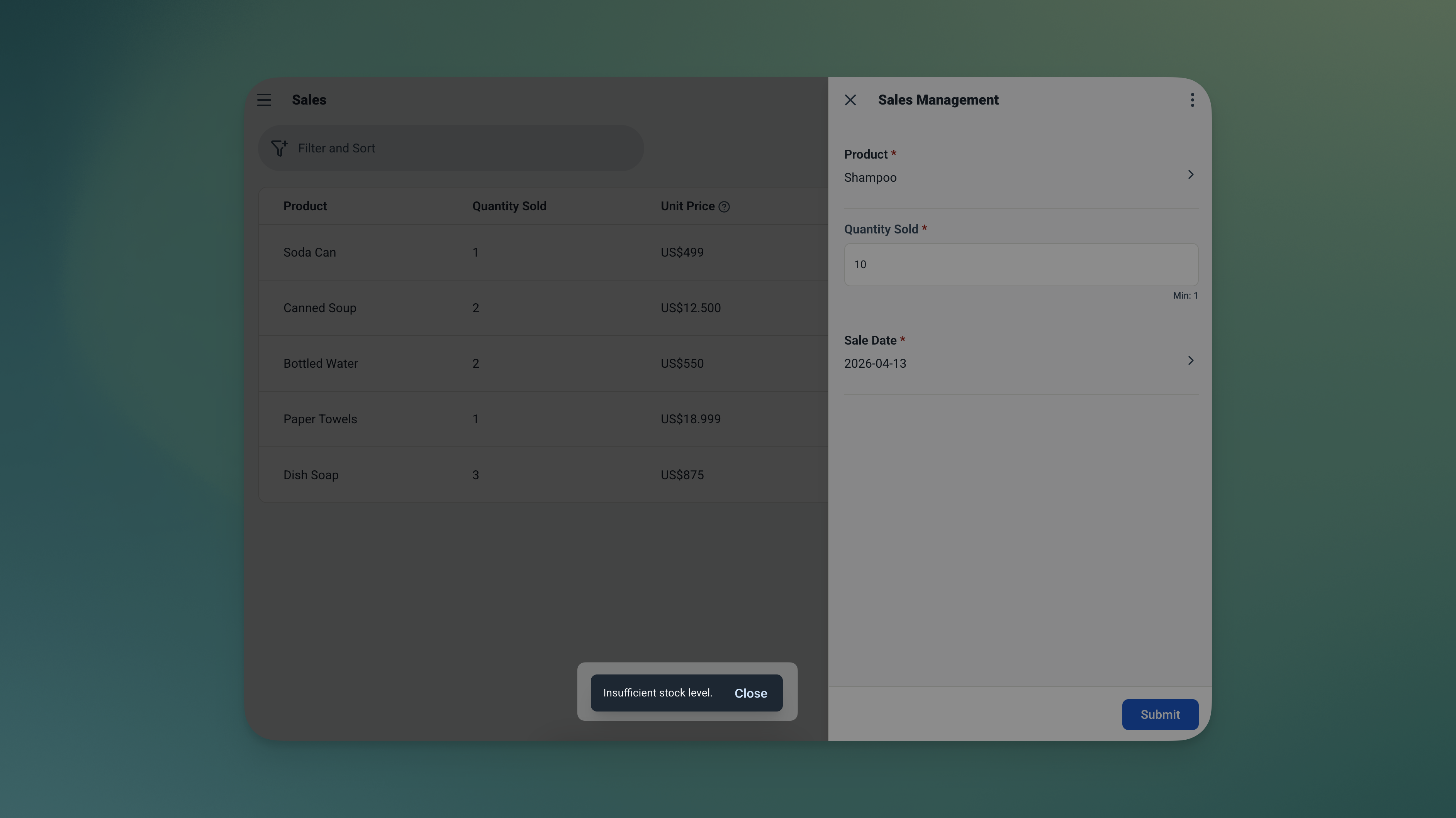 Aplikasi Ambisius menunjukkan kesalahan validasi oversell yang memblokir penjualan yang melebihi stok yang tersedia