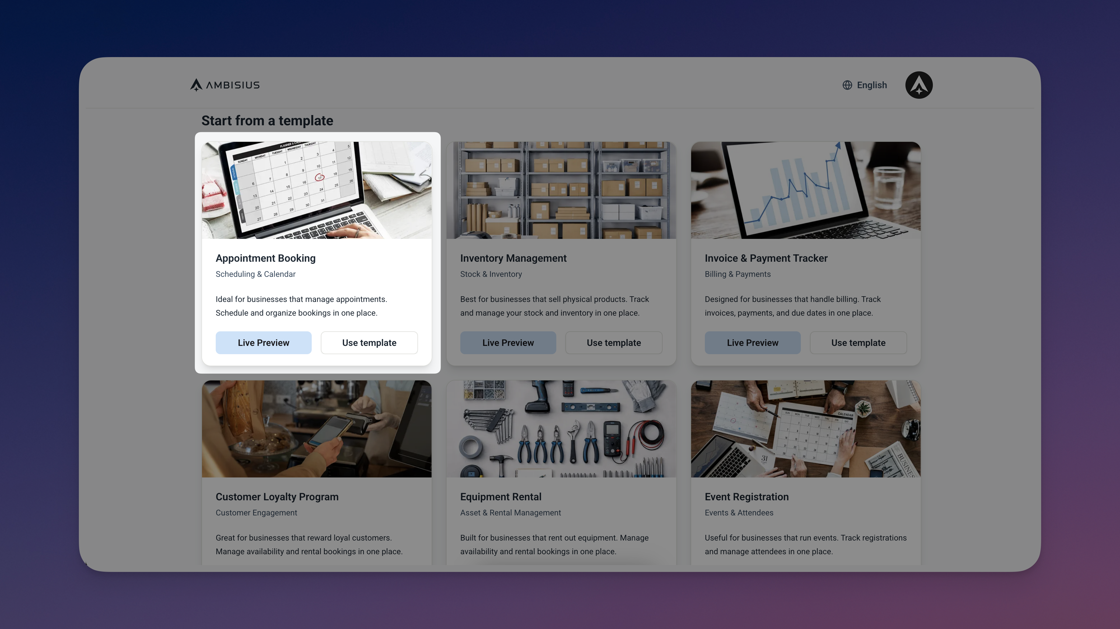 Layar katalog template Ambisius menyoroti kartu template Manajemen Janji Temu
