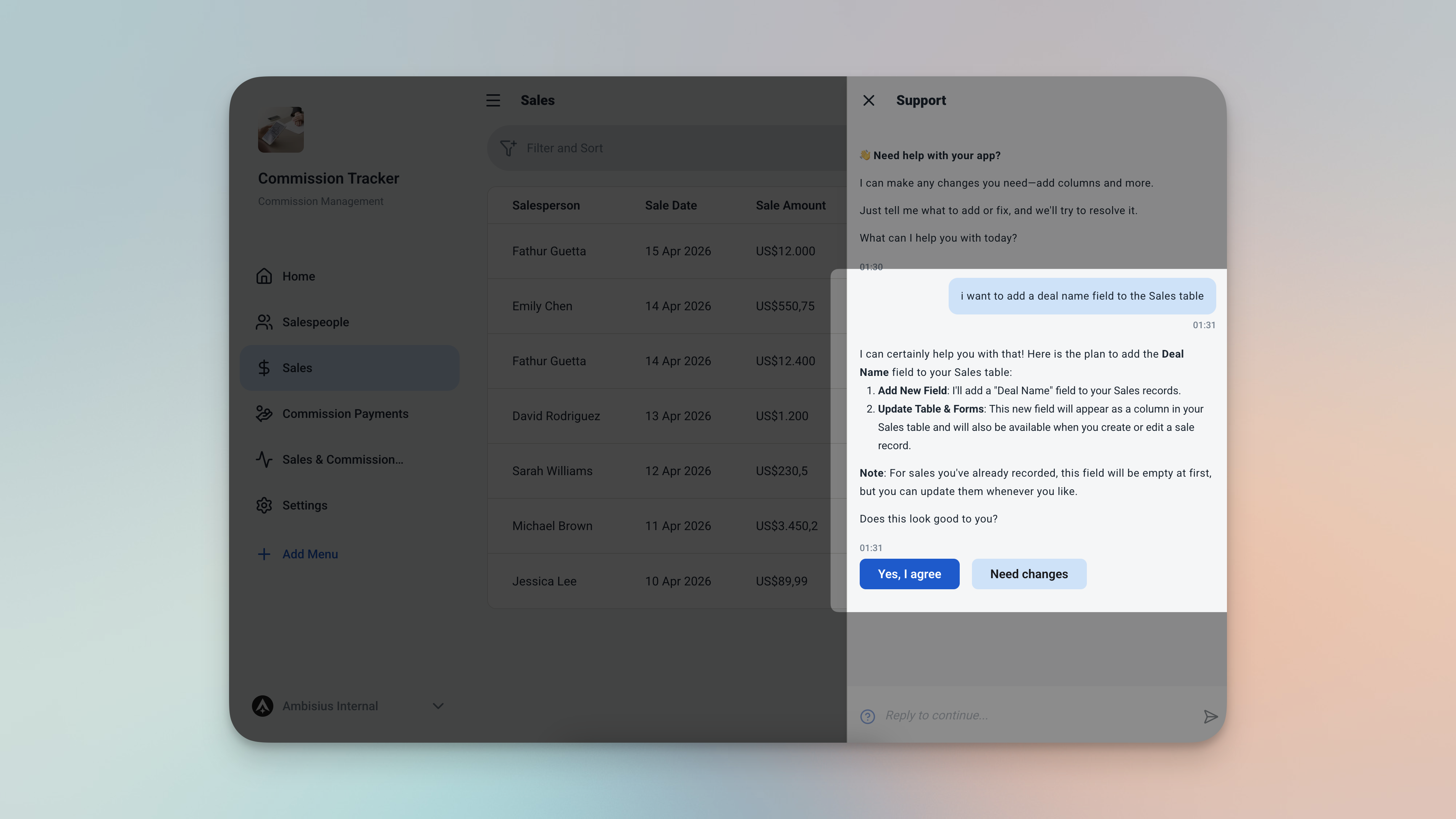 Ambisius chat interface showing a customization request to add a deal name field to the Sales table
