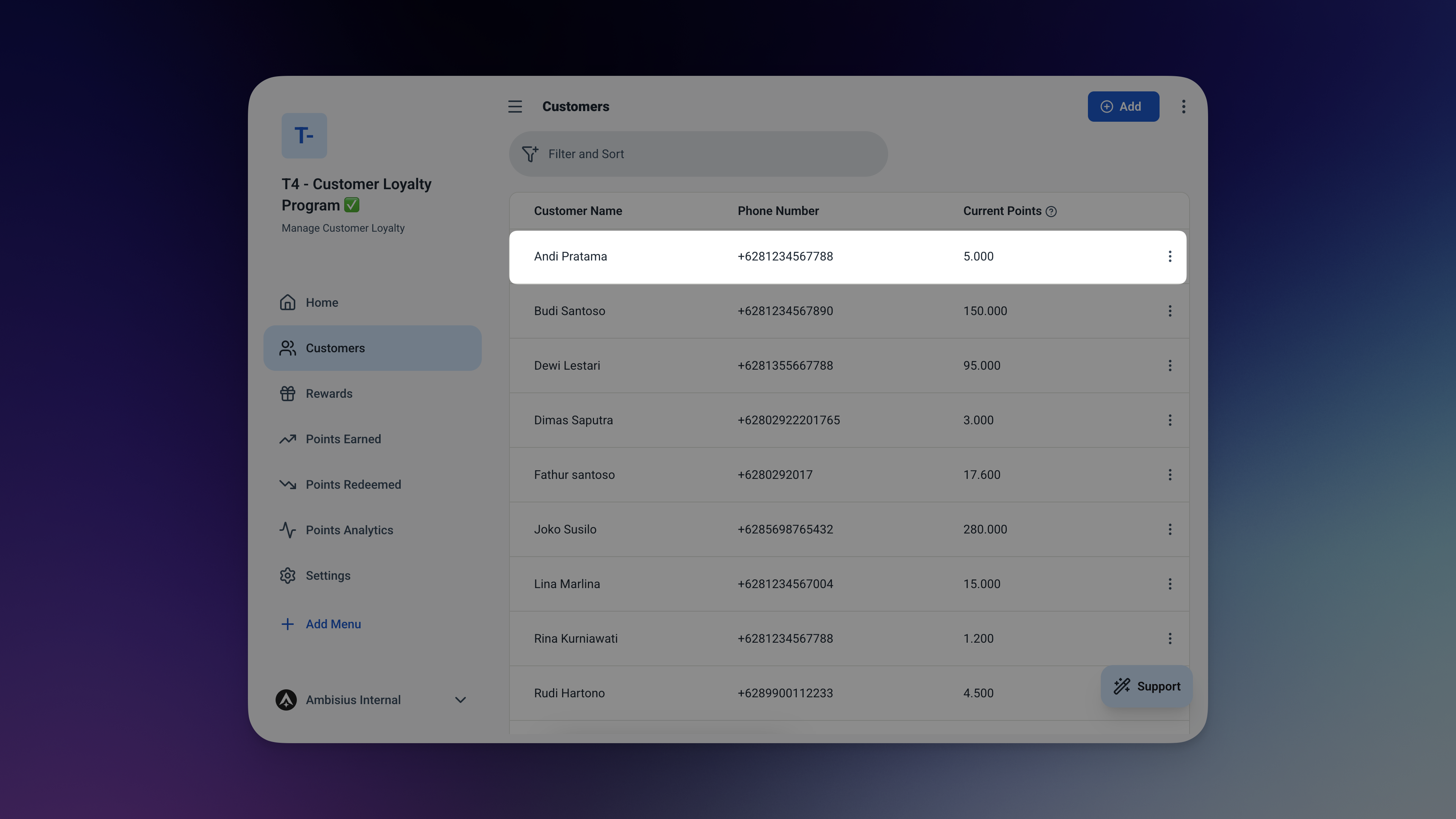 Ambisius customer record showing live points balance after a transaction, with earn and redeem history listed below
