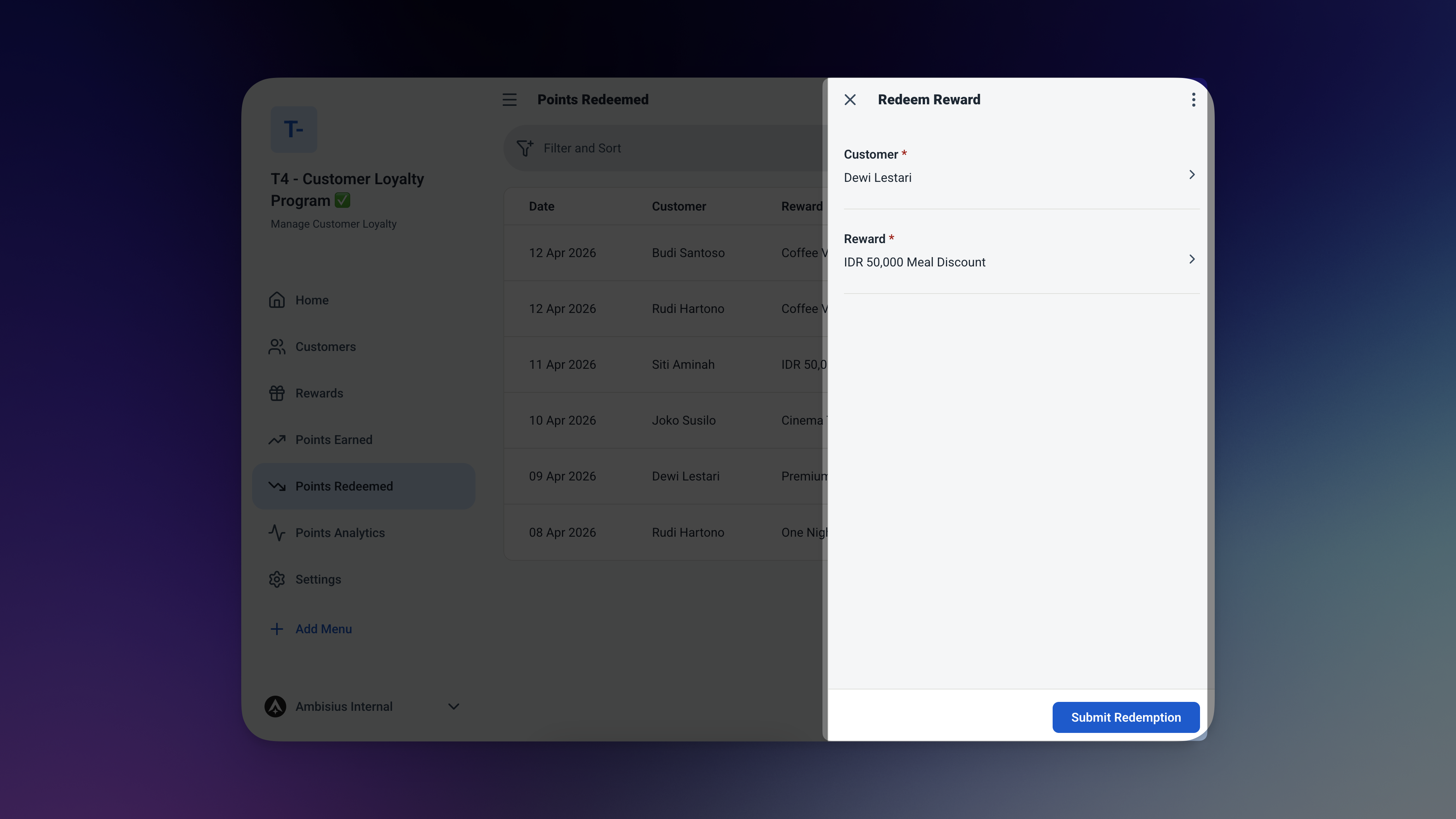 Points Redeemed form showing customer and reward selected, with a validation error blocking an insufficient balance redemption