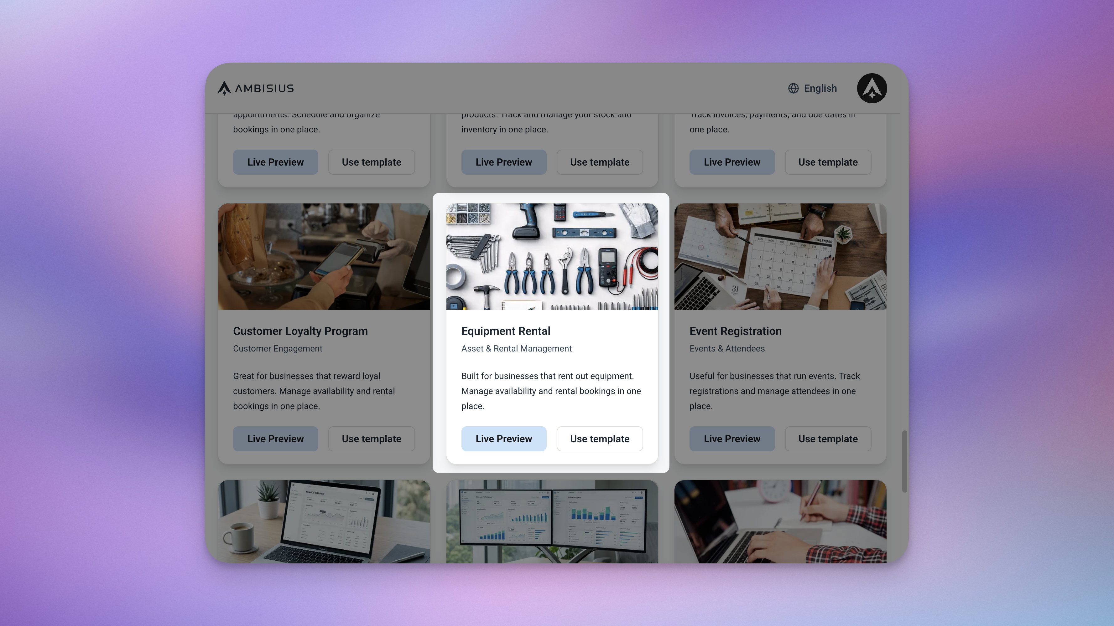 Ambisius template catalogue showing the Equipment Rental template card ready to duplicate
