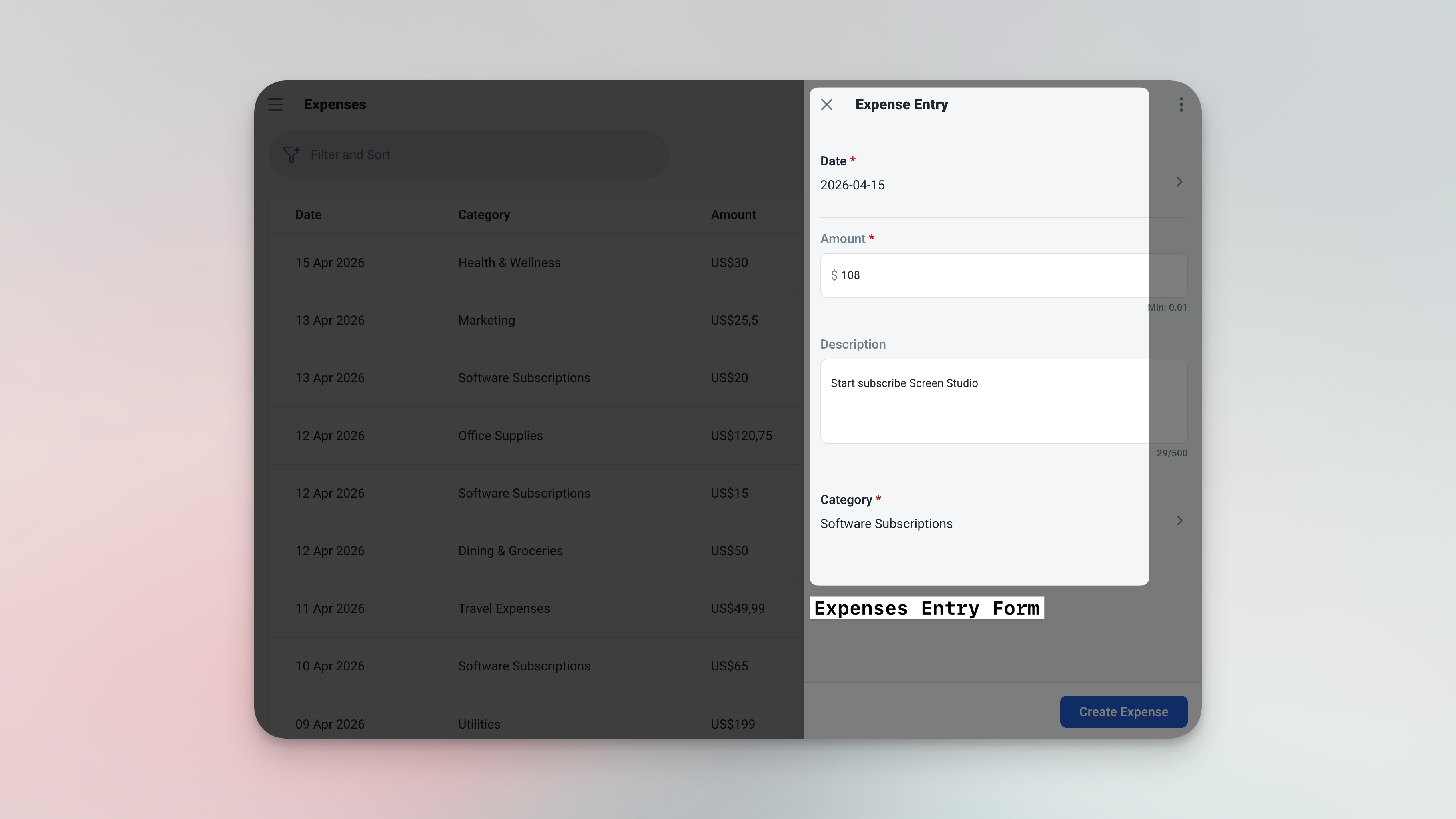 Ambisius expense entry form with category selected, amount filled in, and date defaulting to today