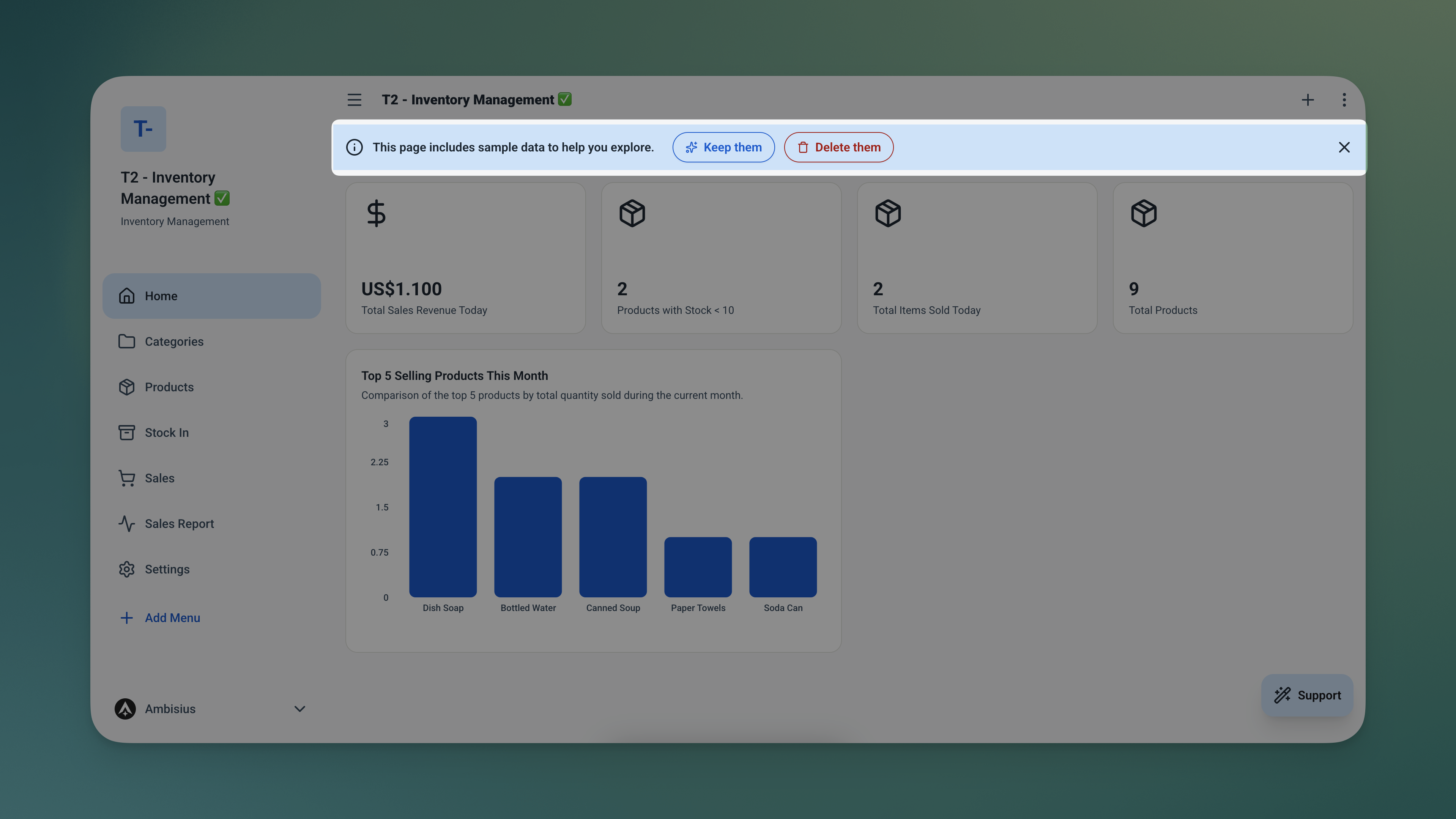 Aplikasi inventaris Ambisius yang diduplikasi siap digunakan, menunjukkan tabel Produk yang diisi dengan data sampel dan dasbor yang terlihat