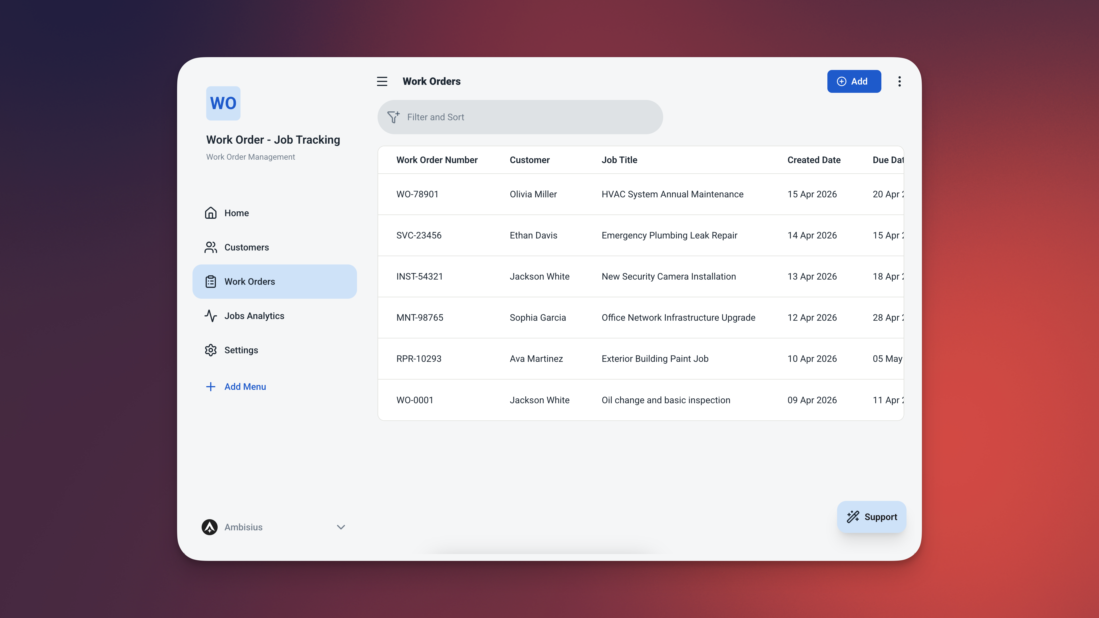 Tabel pesanan kerja menunjukkan nomor pekerjaan, status, prioritas, hari terbuka, dan kolom bendera terlambat
