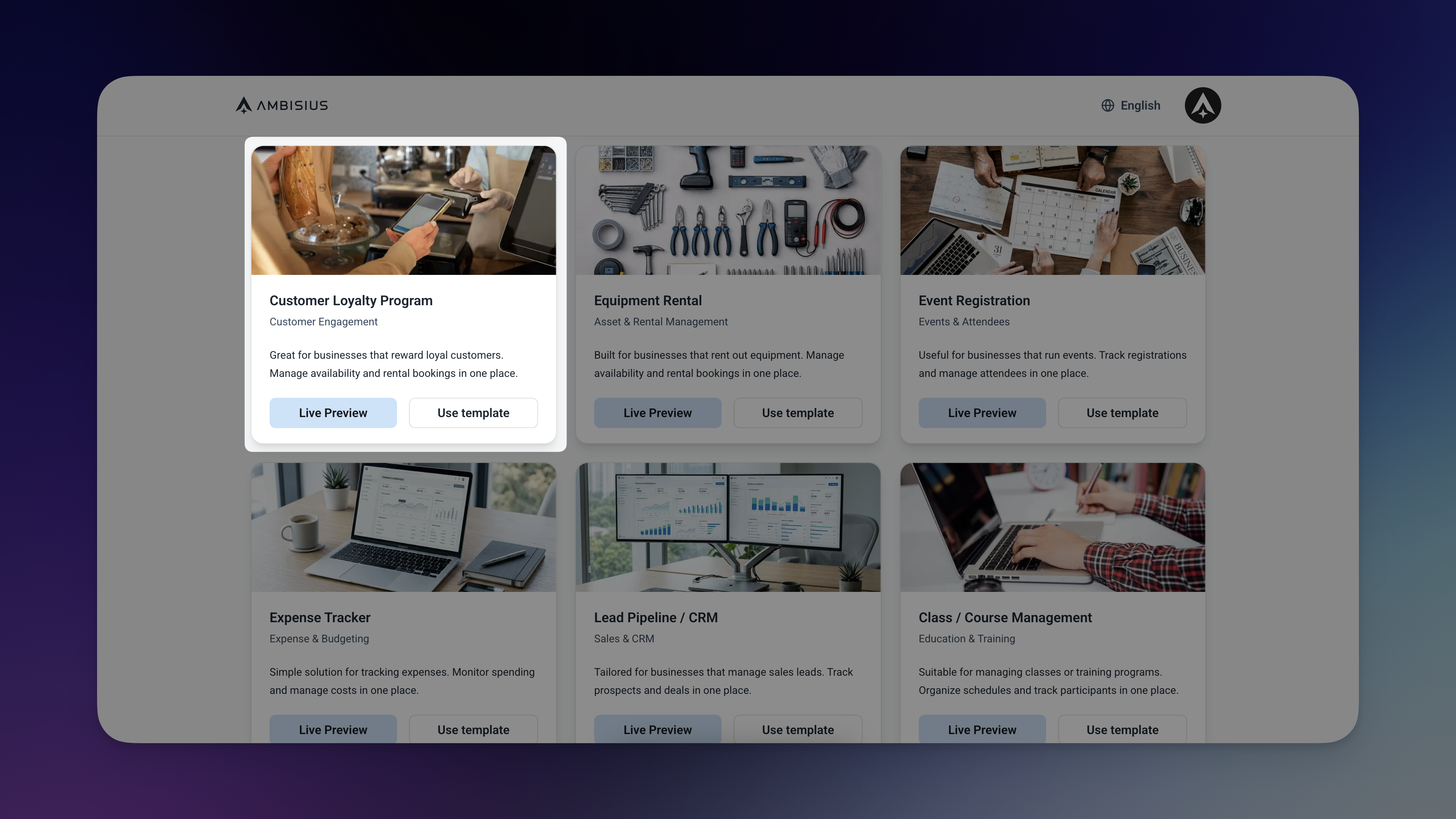 Ambisius template catalogue screen highlighting the Customer Loyalty Program template card