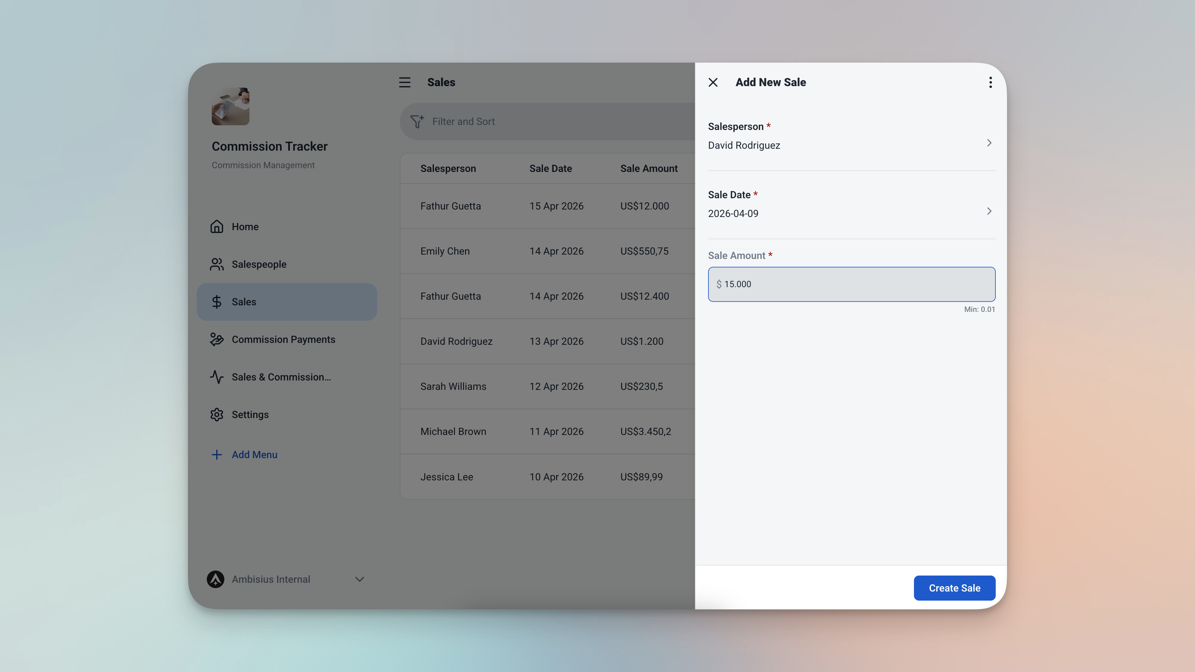 Ambisius sales entry form showing sale amount entered and commission auto-calculated instantly