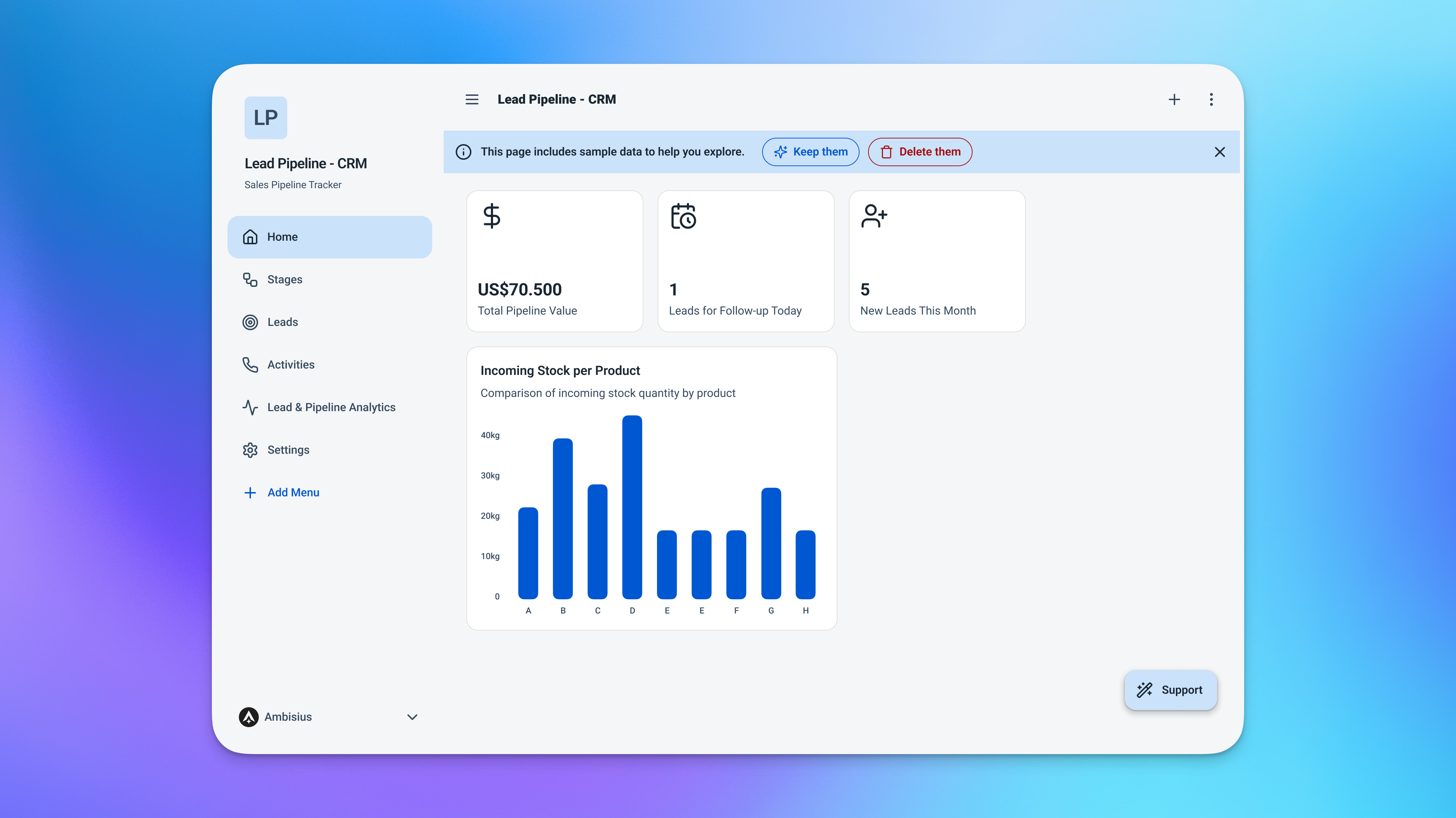 Aplikasi Ambisius setelah duplikasi template menunjukkan tabel Prospek yang diisi dengan data contoh dan Dasbor terlihat di navigasi bilah samping