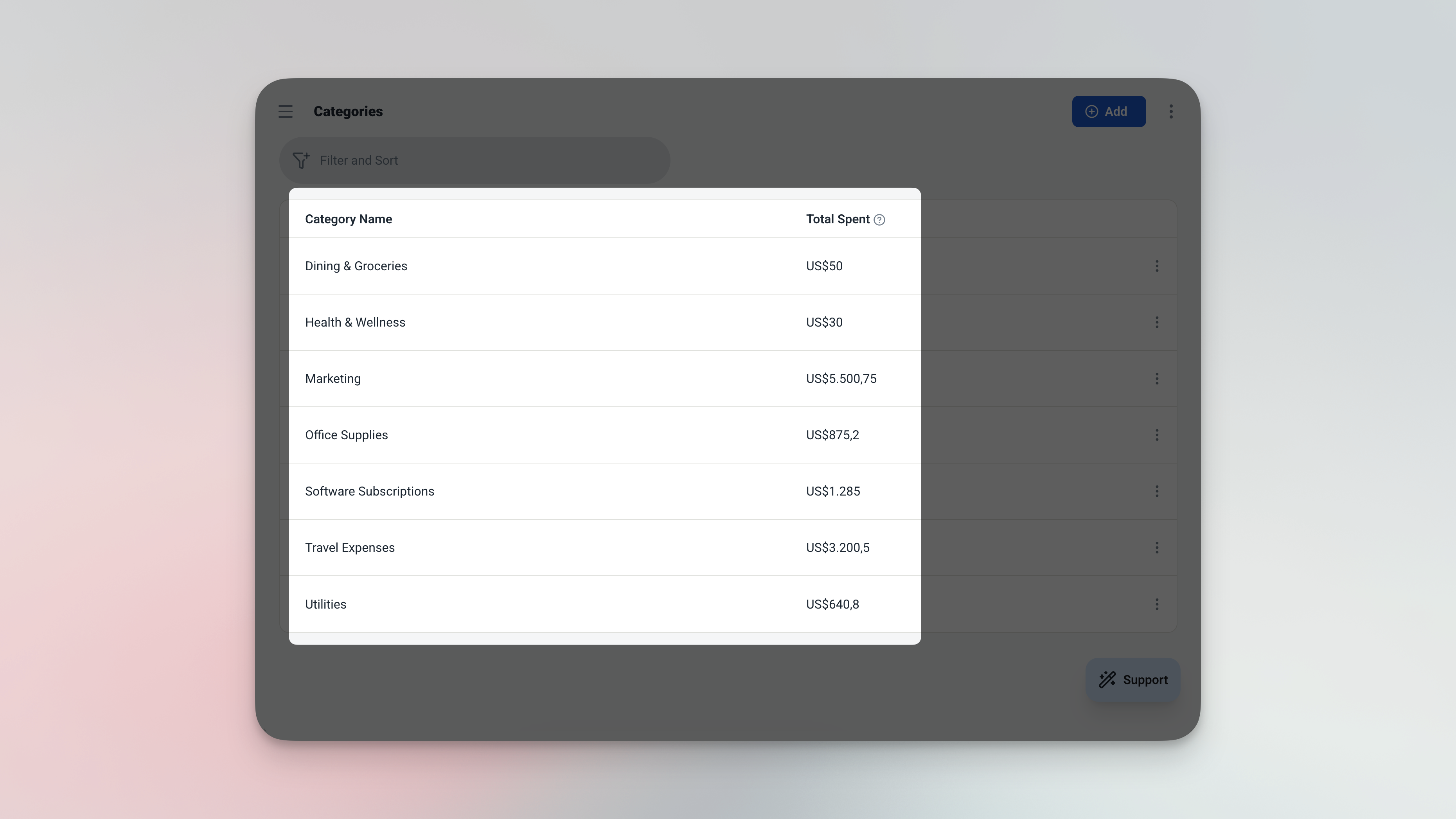 Ambisius Categories table with sample rows showing Marketing, Office, Travel, and Software each with a running total
