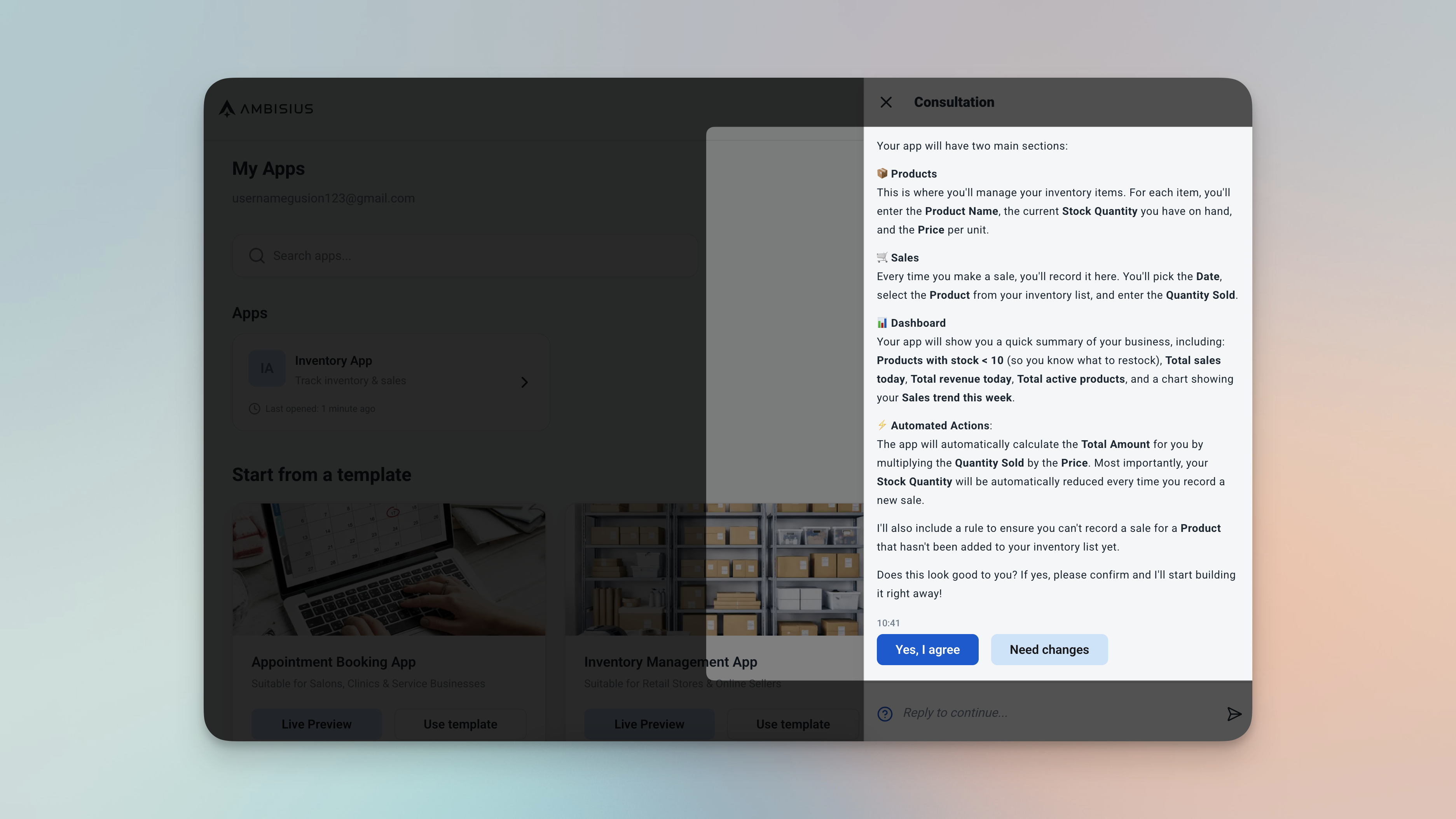 Ambisius app fully built and ready to use after a short AI chat conversation