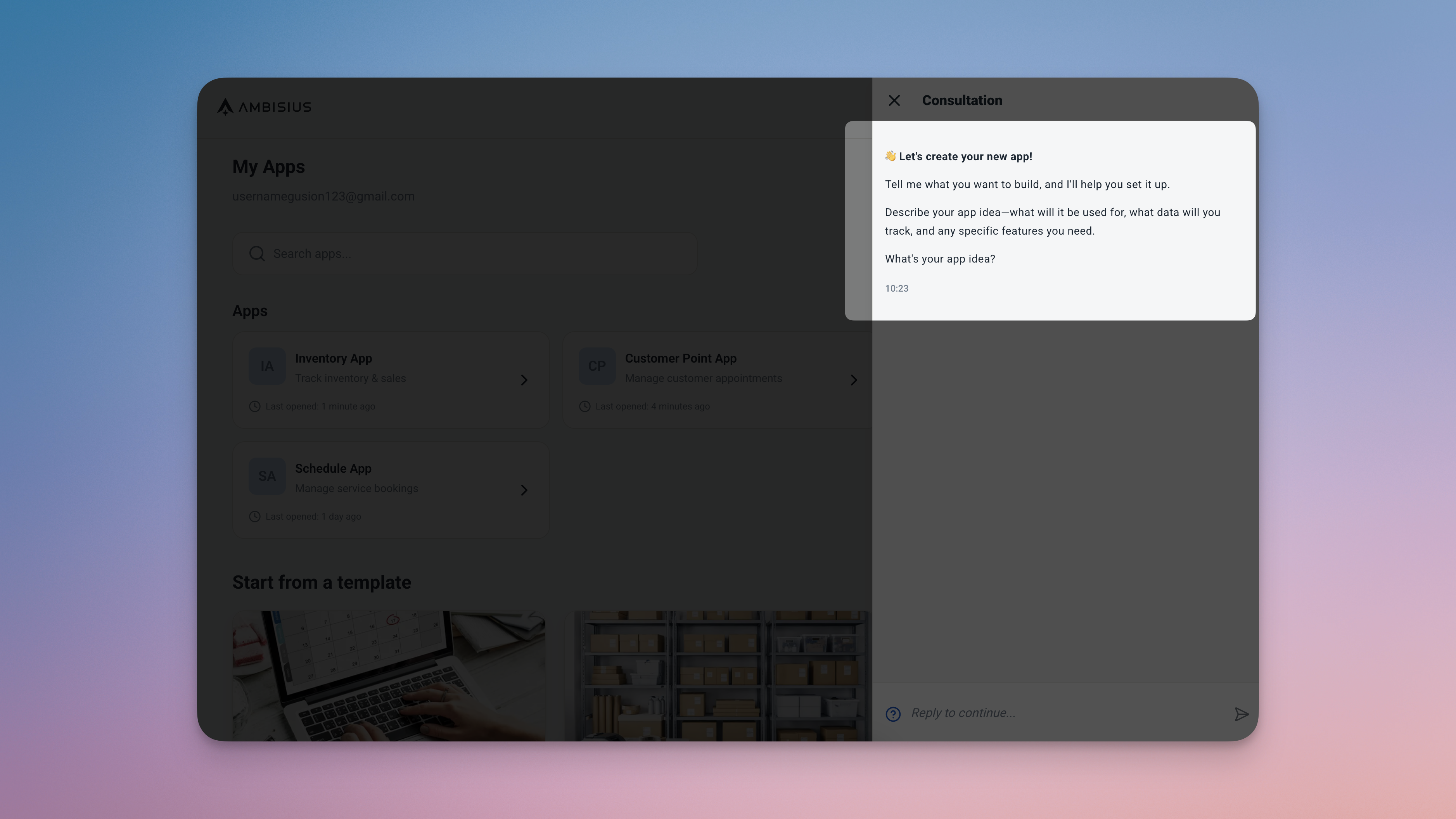 Ambisius onboarding screen showing the AI chat interface prompting the user to describe their business needs