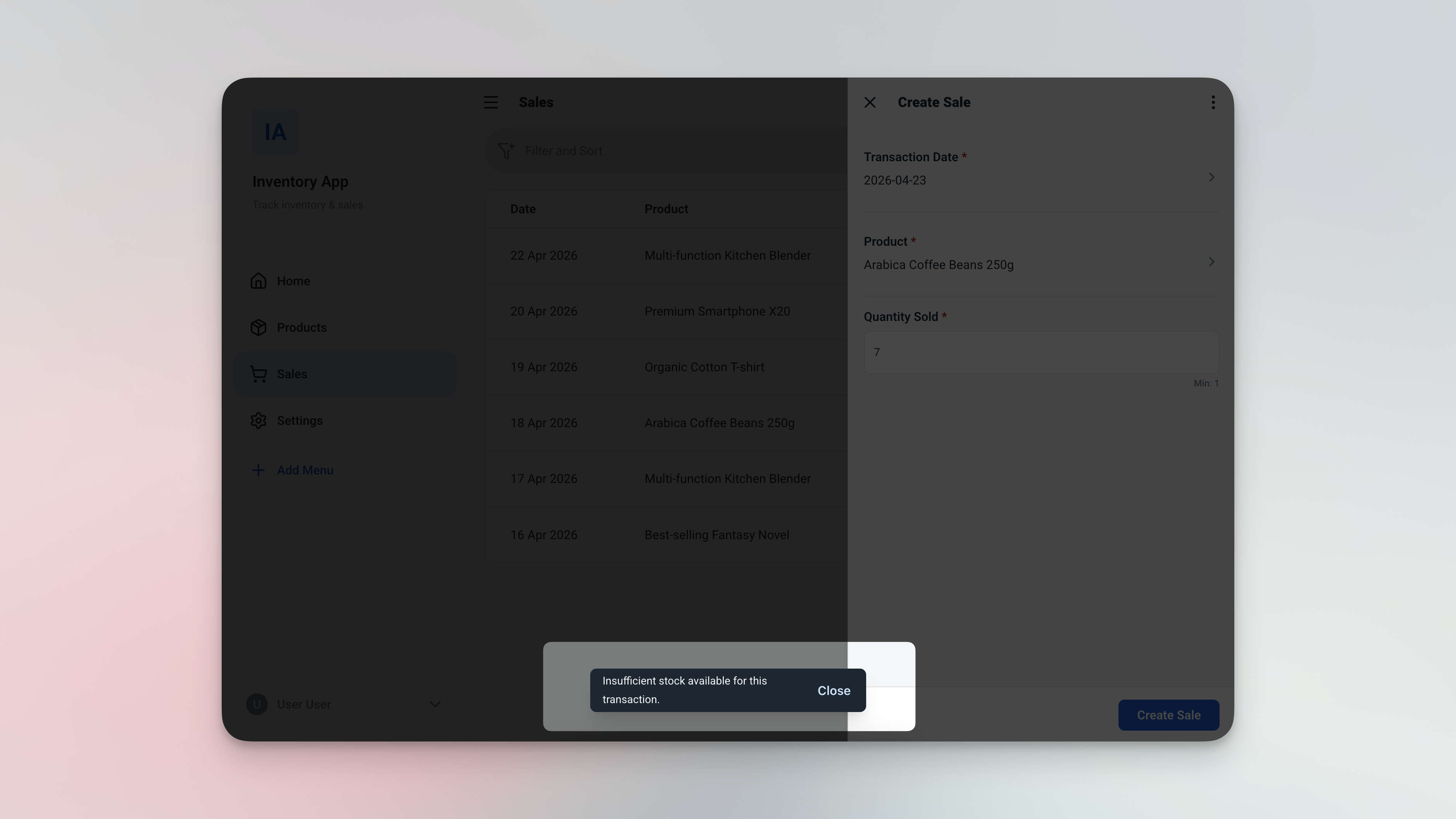 Ambisius inventory app showing a validation error blocking a sale when stock reaches zero