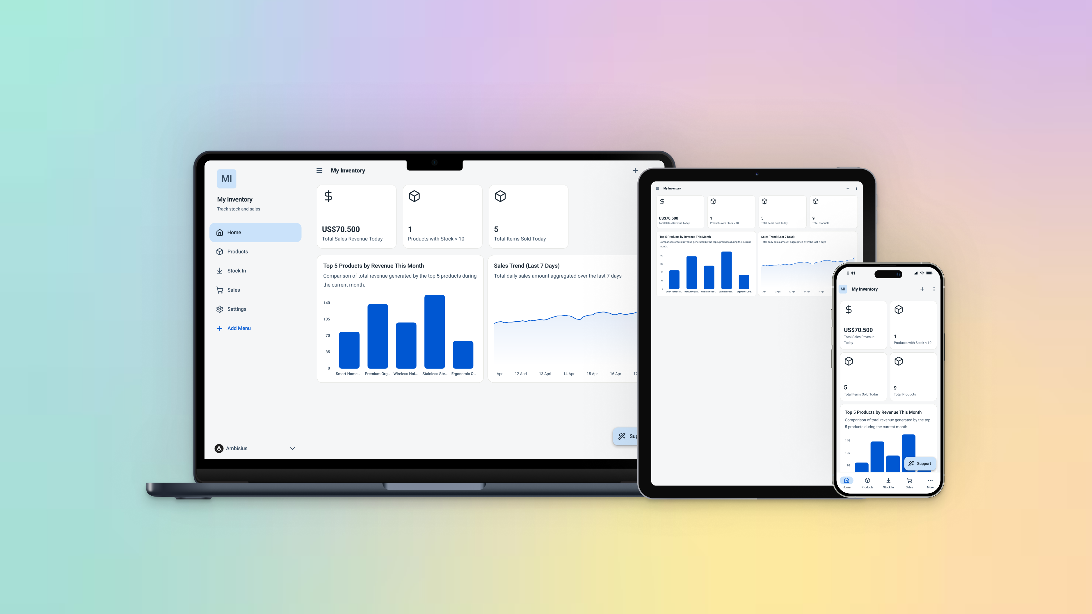 Ambisius app dashboard shown on mobile phone, tablet, and desktop browser side by side