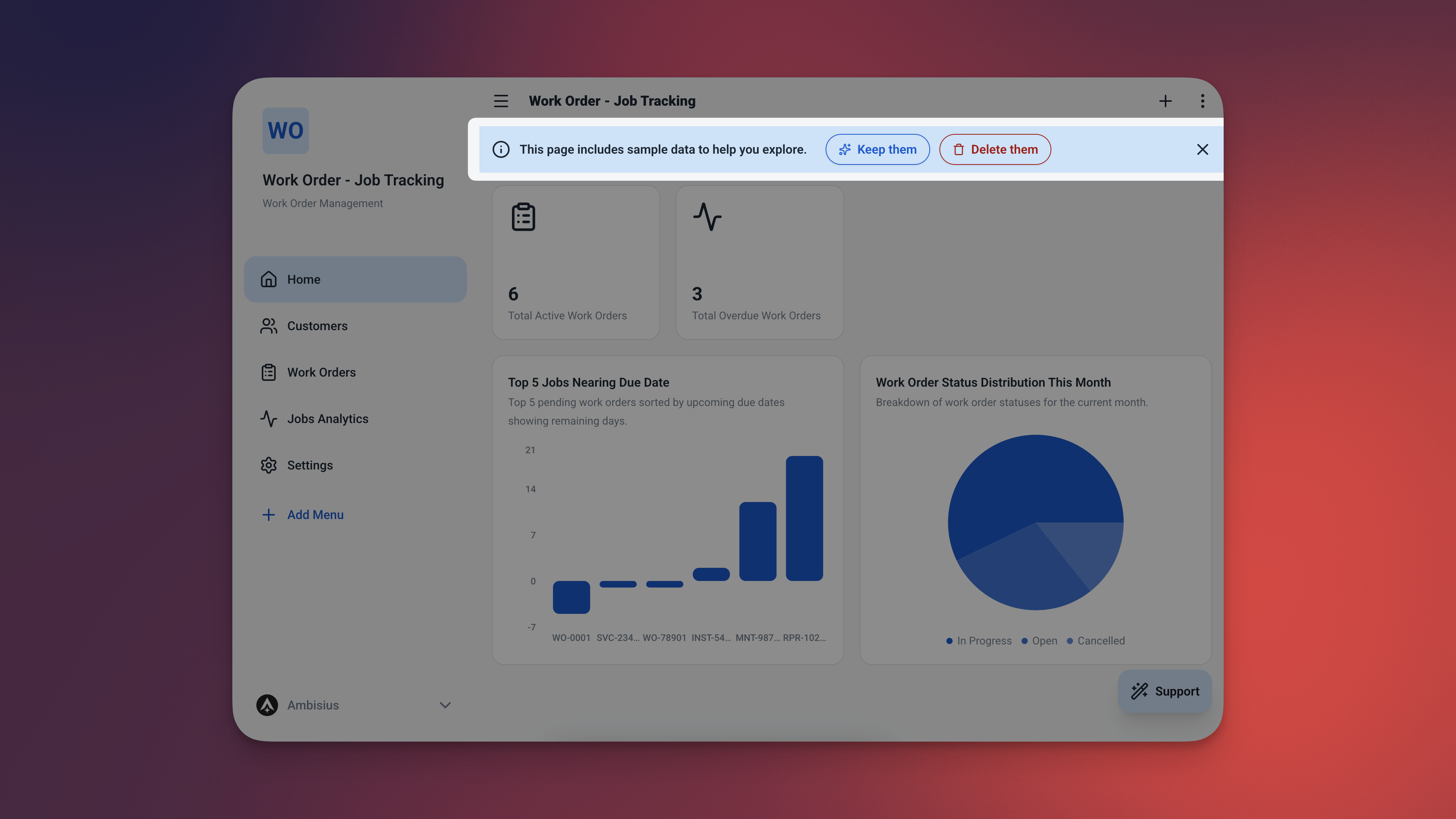 Layar katalog templat Ambisius menunjukkan kartu templat Pesanan Kerja dan Pelacakan Pekerjaan yang dipilih