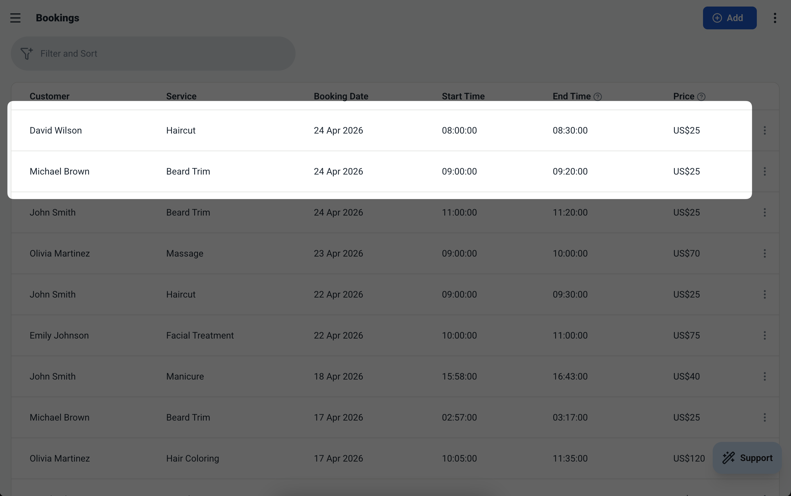 Ambisius booking form showing auto-calculated end time and a validation error blocking a double-booking from being saved