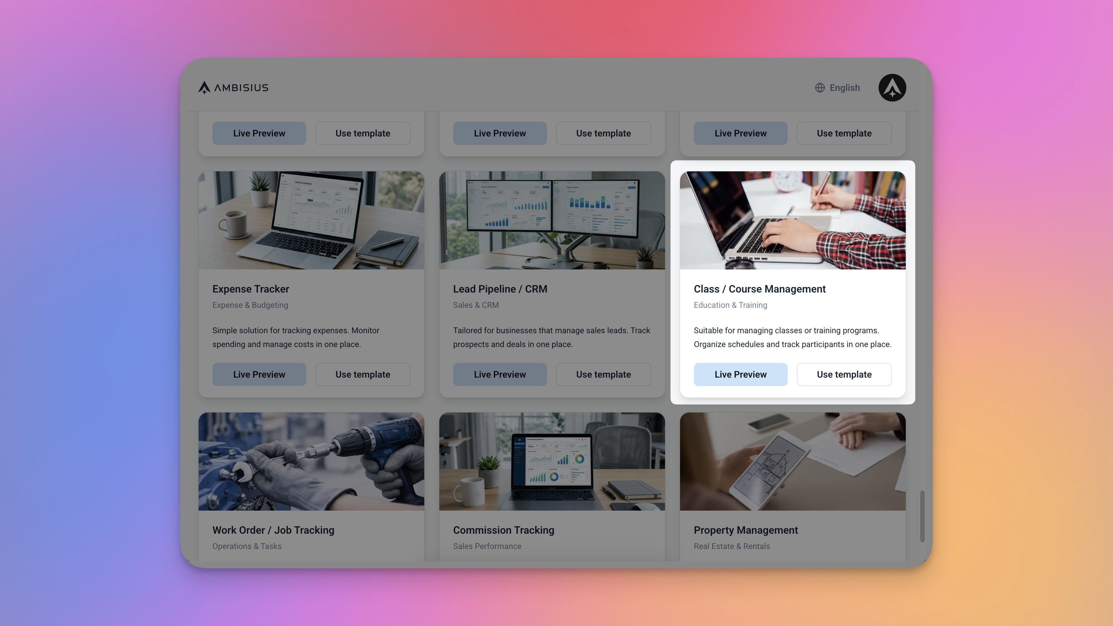 Halaman katalog templat Ambisius menampilkan kartu templat Pelacak Kelas dan Kehadiran