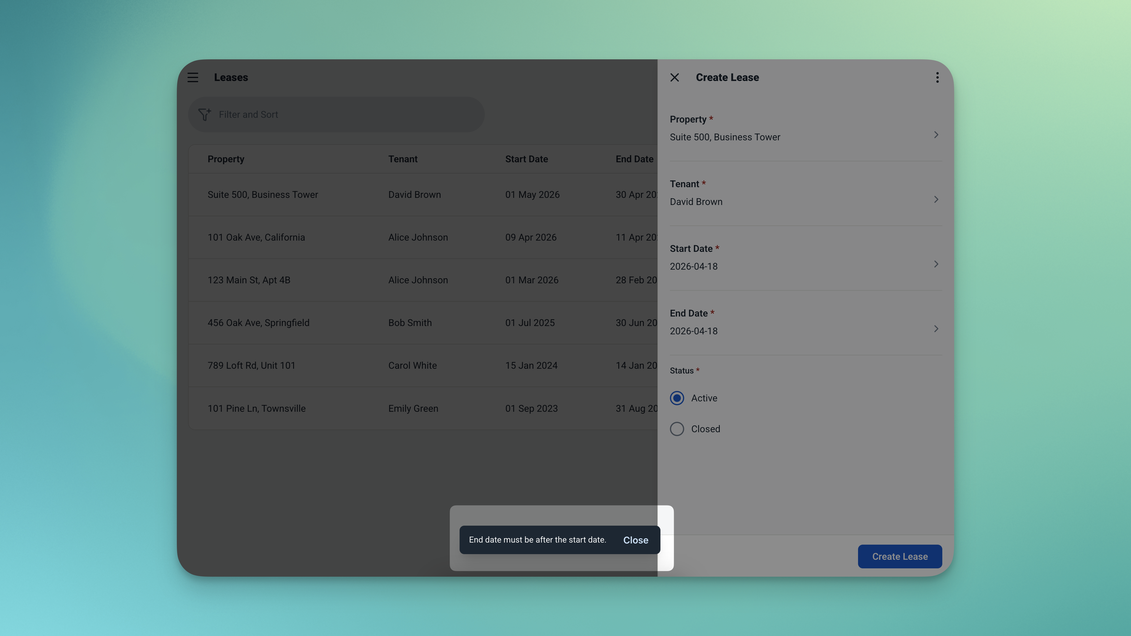 Pesan validasi Ambisius yang memblokir perjanjian sewa yang tumpang tindih pada properti yang sudah memiliki perjanjian sewa aktif
