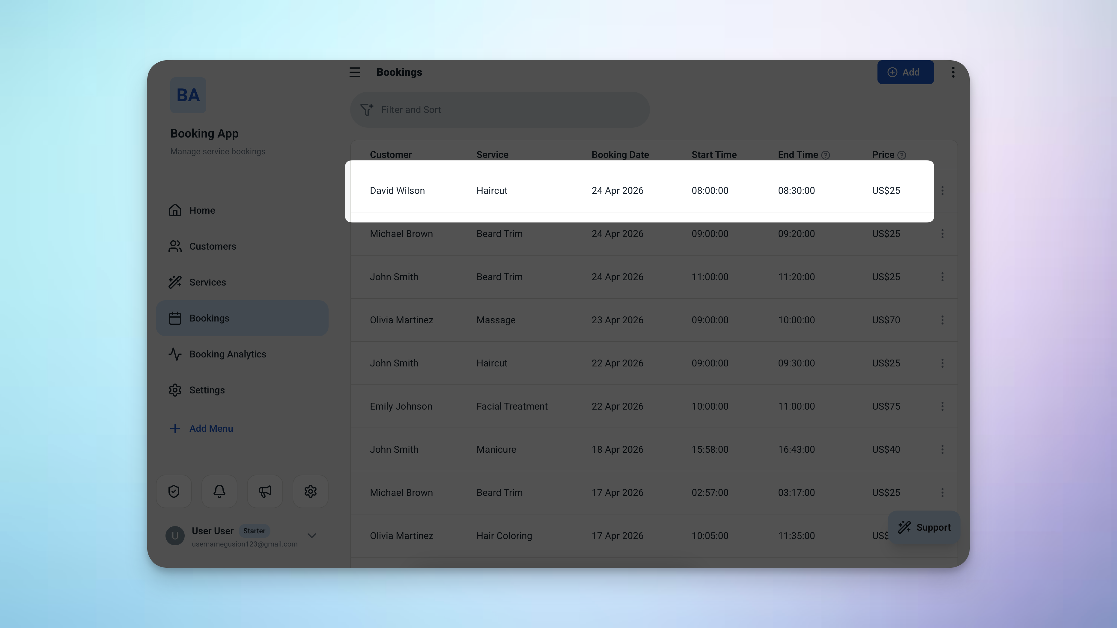 Ambisius appointment management screen showing today's schedule sorted by time with customer names and services