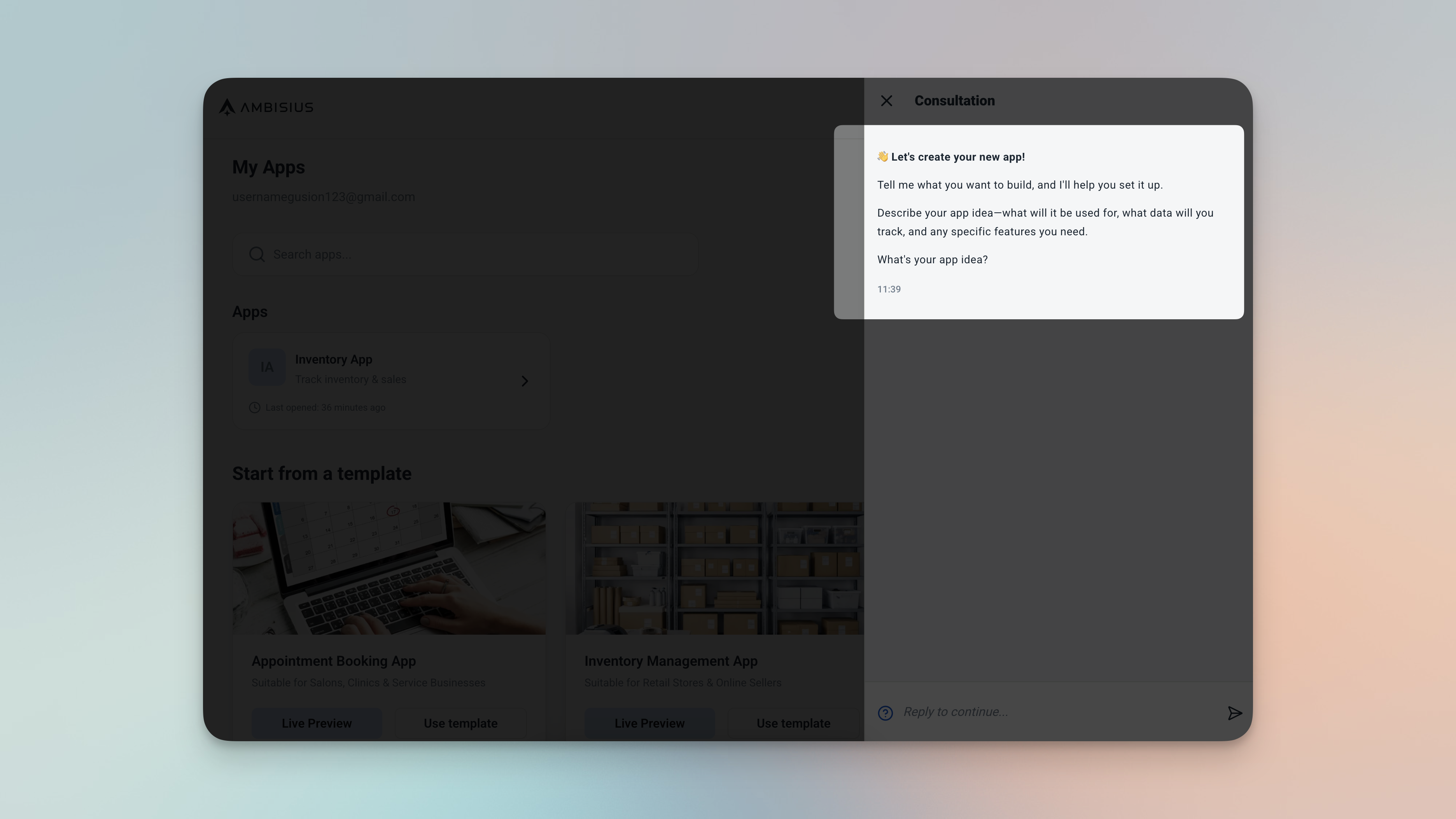 Ambisius onboarding screen showing the AI chat interface prompting the user to describe their business