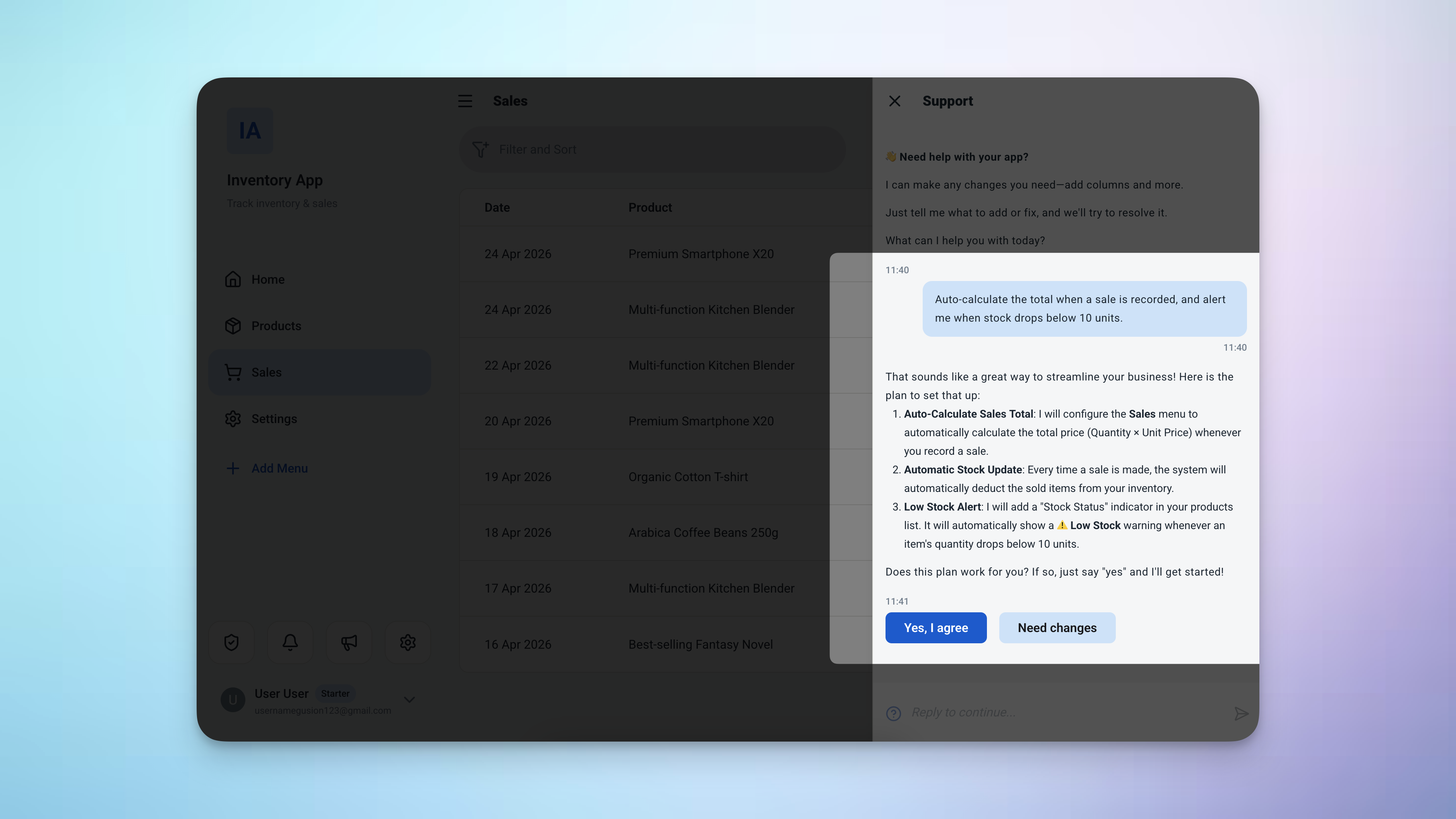 Ambisius AI chat interface where a user describes their business and the app is built automatically