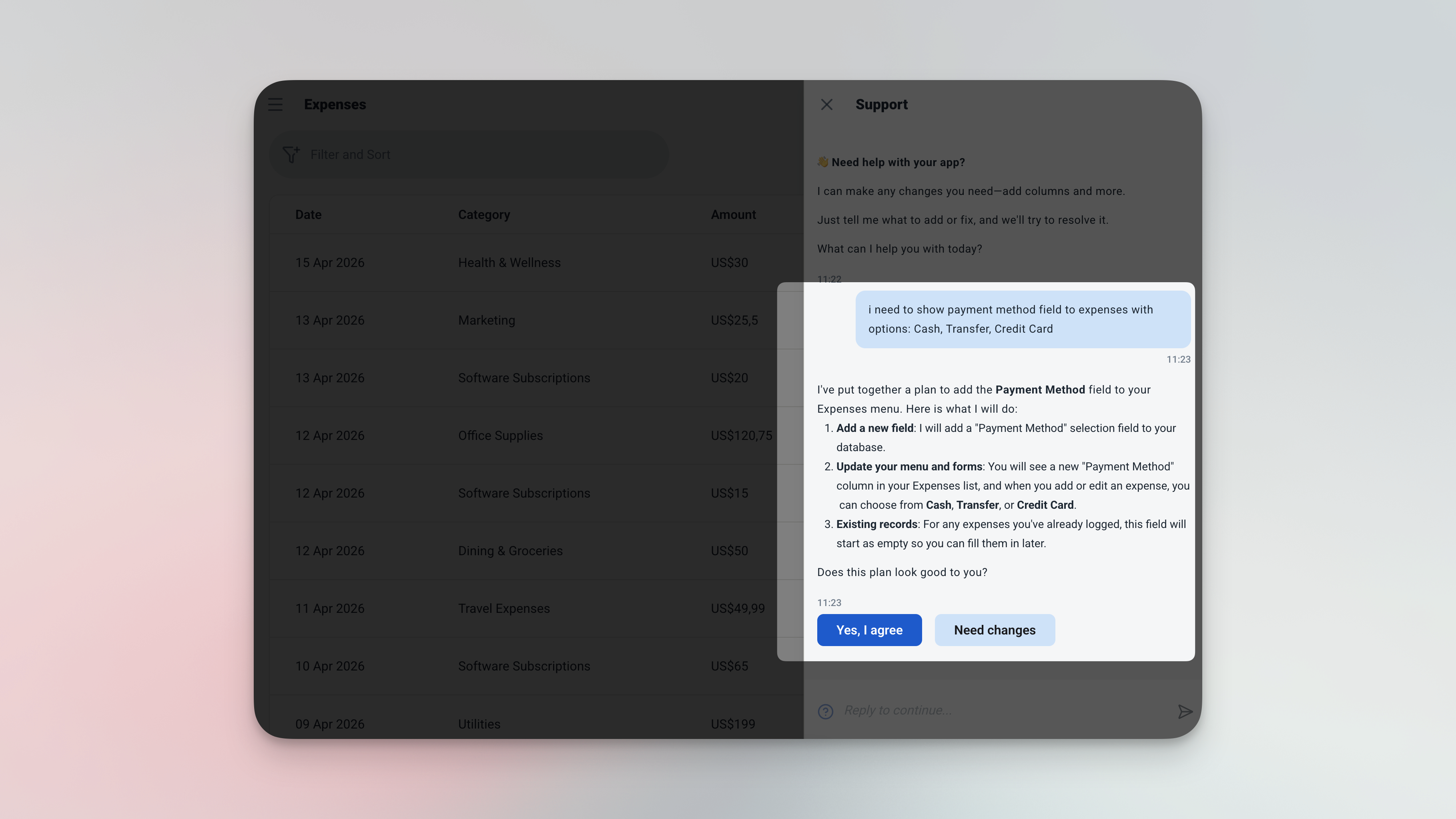 Ambisius AI chat interface with the prompt: Add a payment method field to expenses with options Cash, Transfer, Credit Card