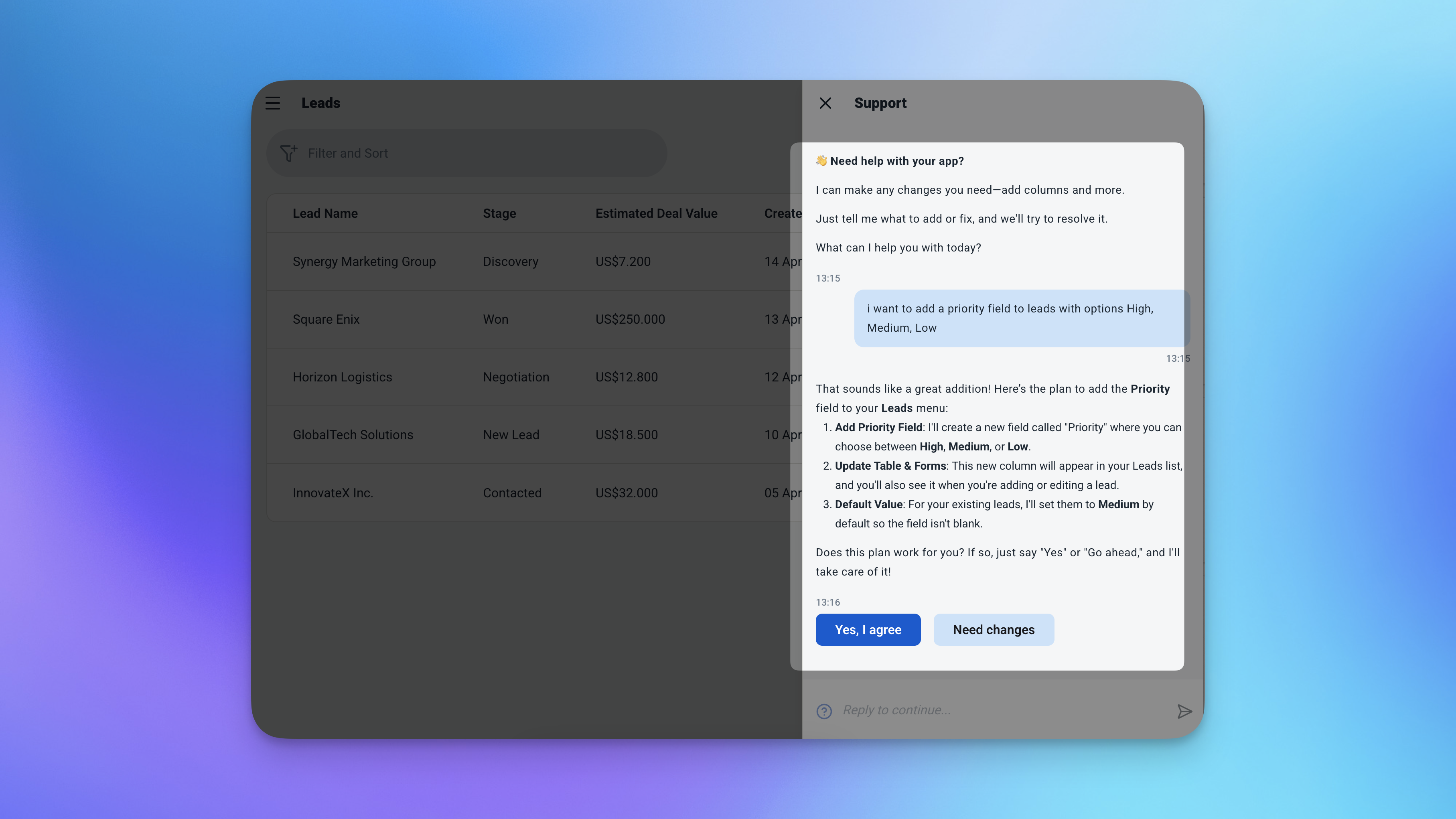 Antarmuka obrolan Ambisius menunjukkan permintaan kustomisasi yang diketik oleh pengguna: Tambahkan bidang prioritas ke prospek dengan opsi Tinggi, Sedang, Rendah