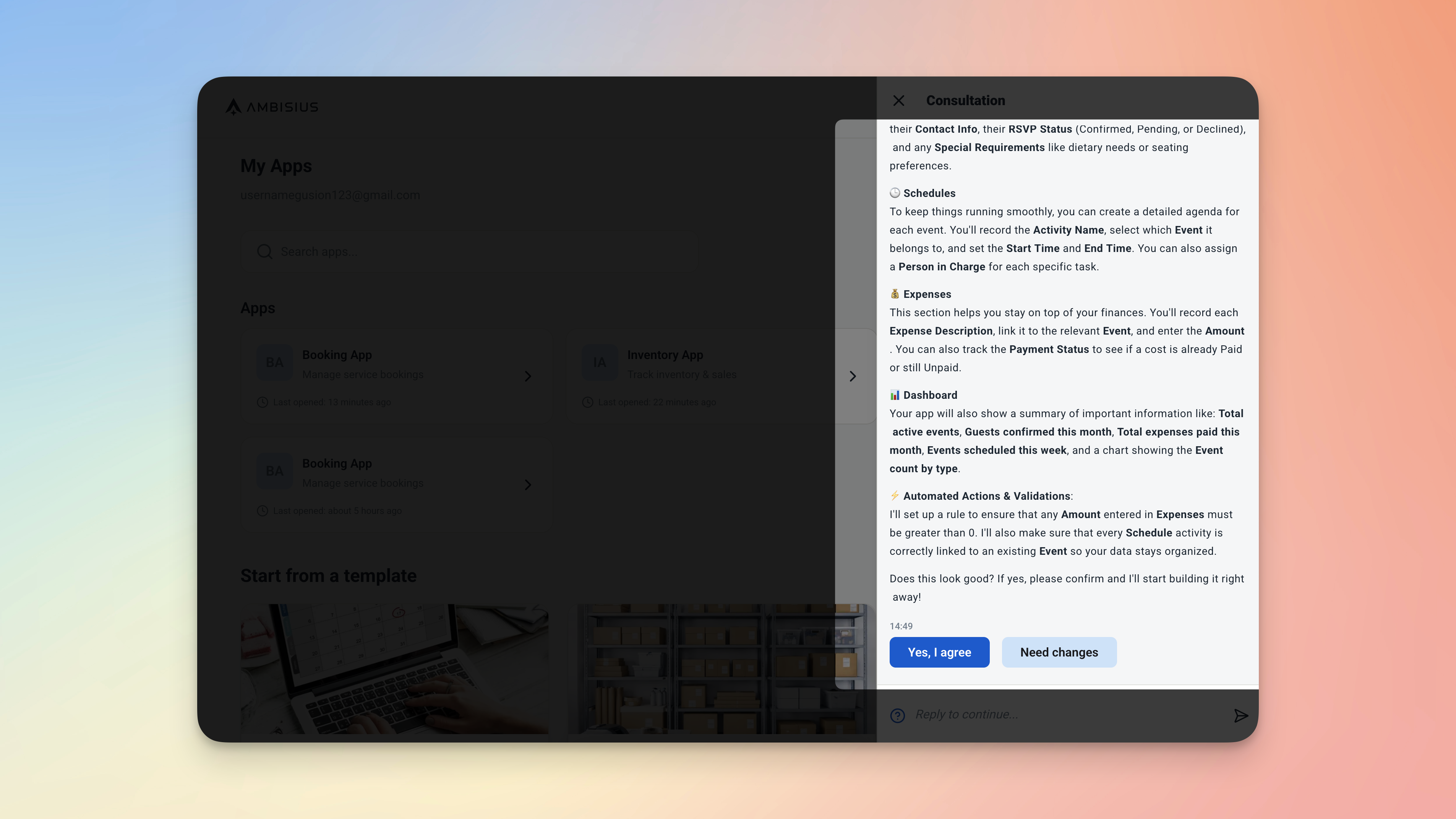 Ambisius AI chat interface where a user describes their business and the app is built automatically