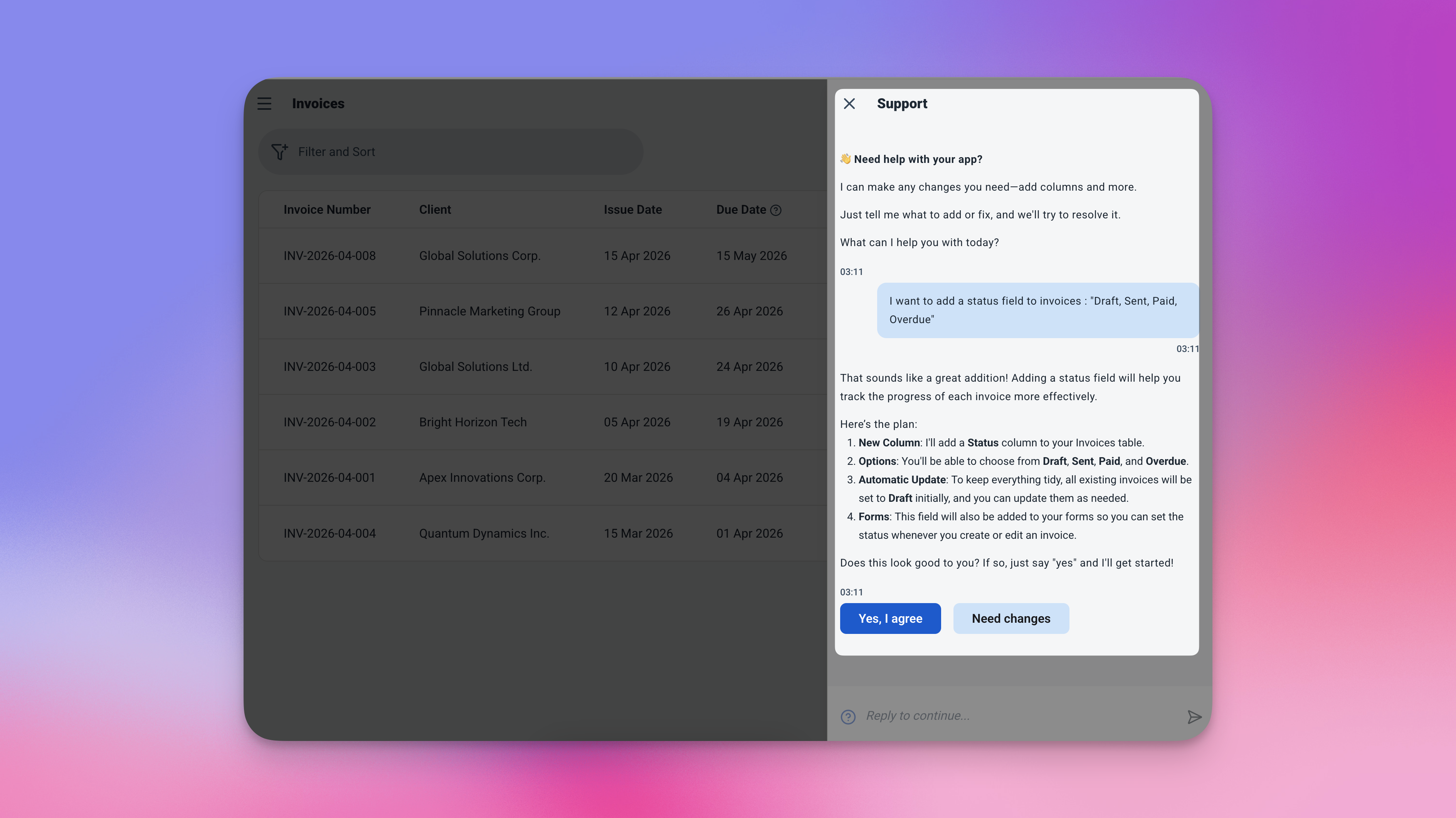 Antarmuka obrolan AI Ambisius menunjukkan pesan pengguna: Tambahkan bidang status ke faktur — Draf, Terkirim, Dibayar, Terlambat — dan AI mengkonfirmasi perubahan dengan pratinjau formulir faktur yang diperbarui