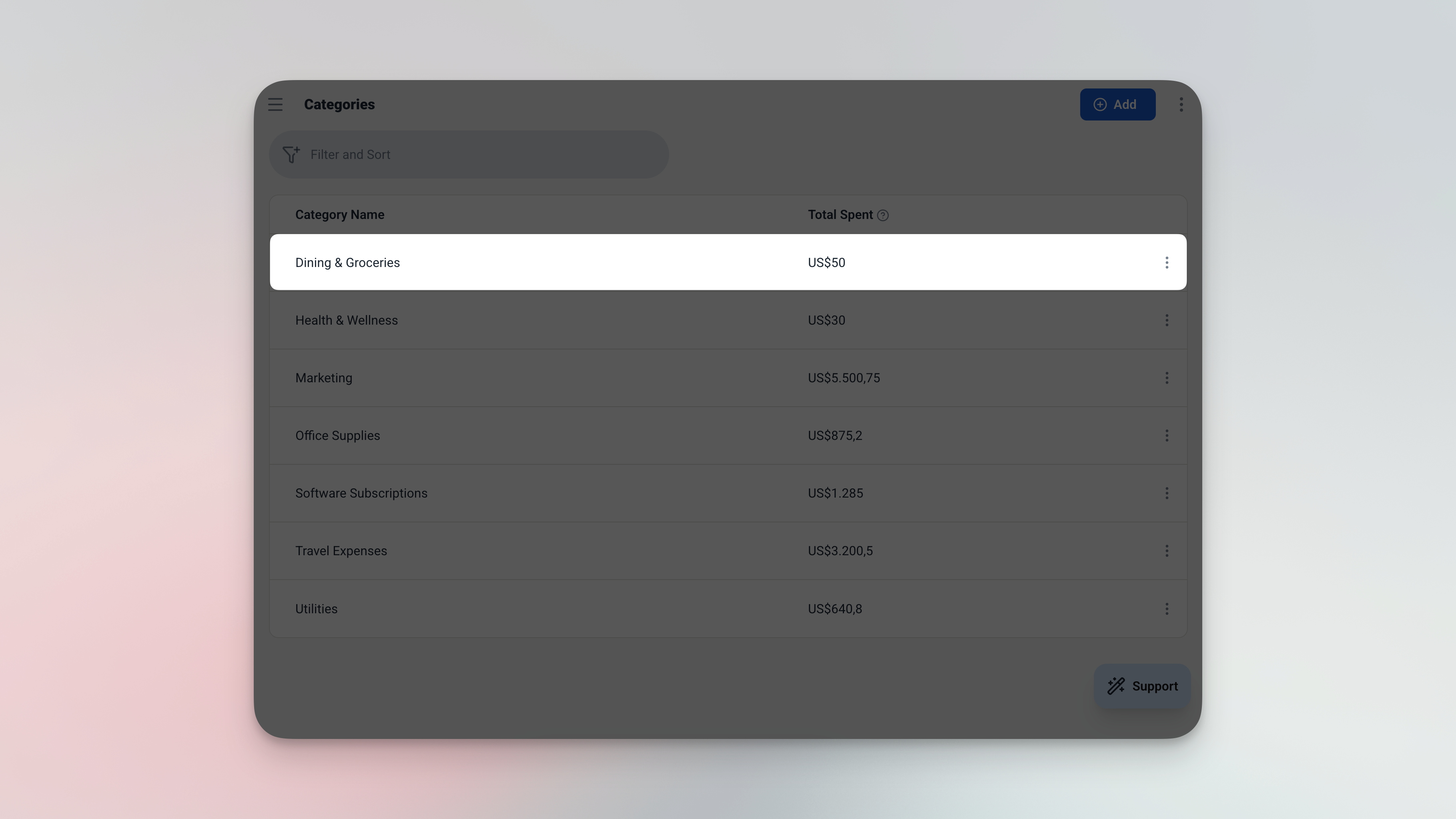 Ambisius categories table showing auto-totalled spending per expense category