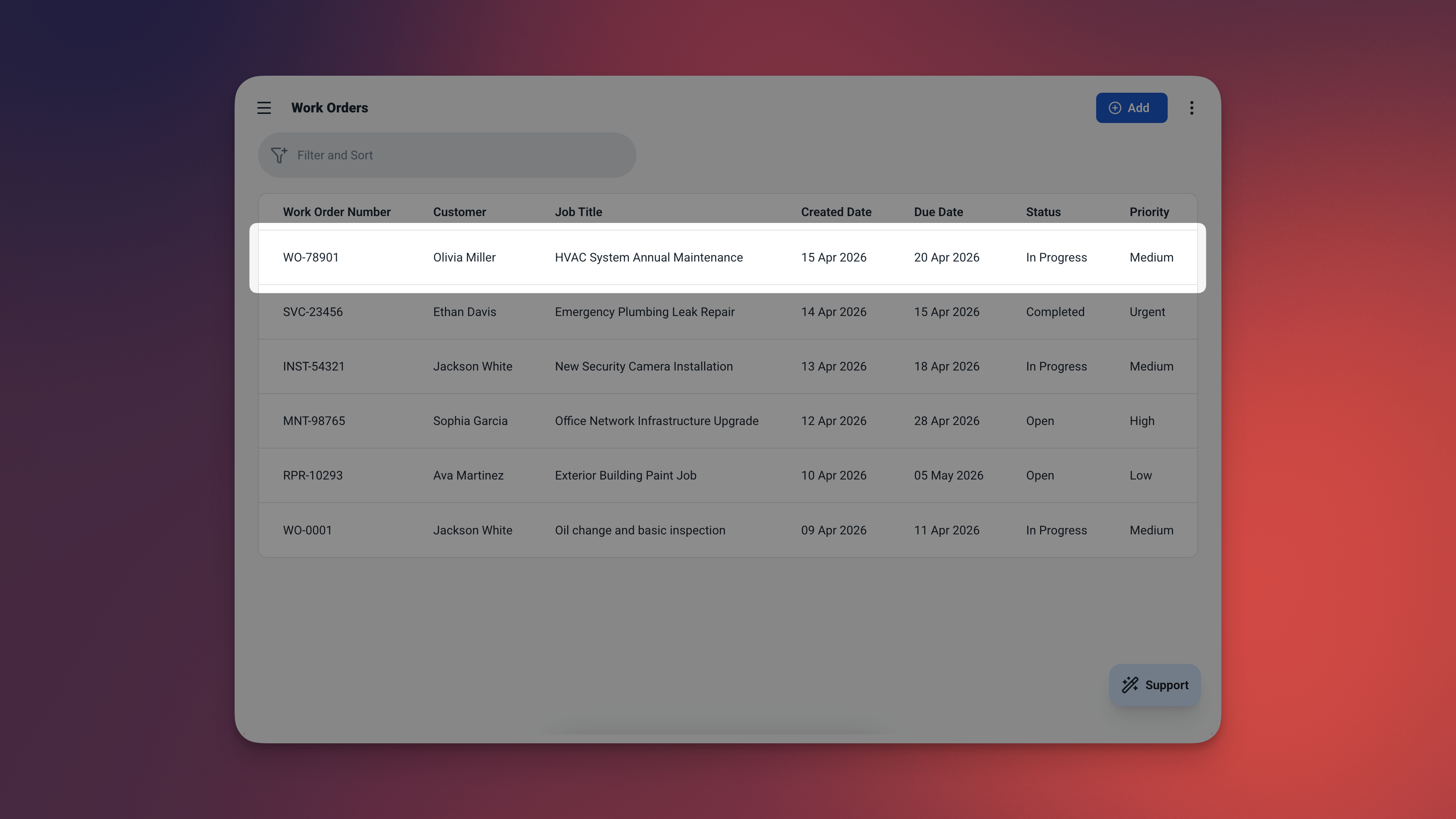 Detail catatan pesanan kerja menunjukkan bidang nomor pesanan yang dihasilkan otomatis menampilkan WO-0042