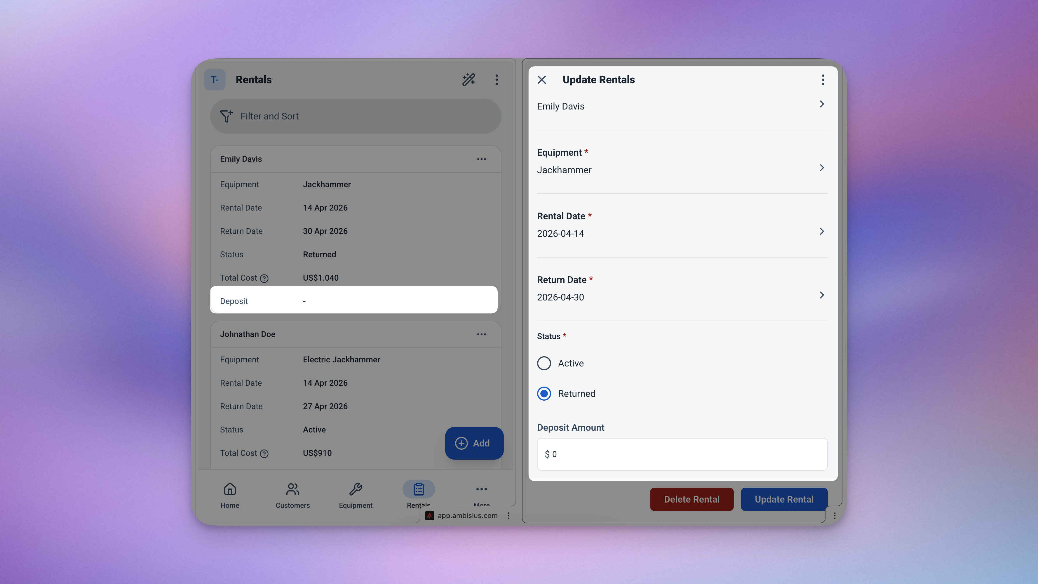 Ambisius rental form updated with a new deposit field after AI customization
