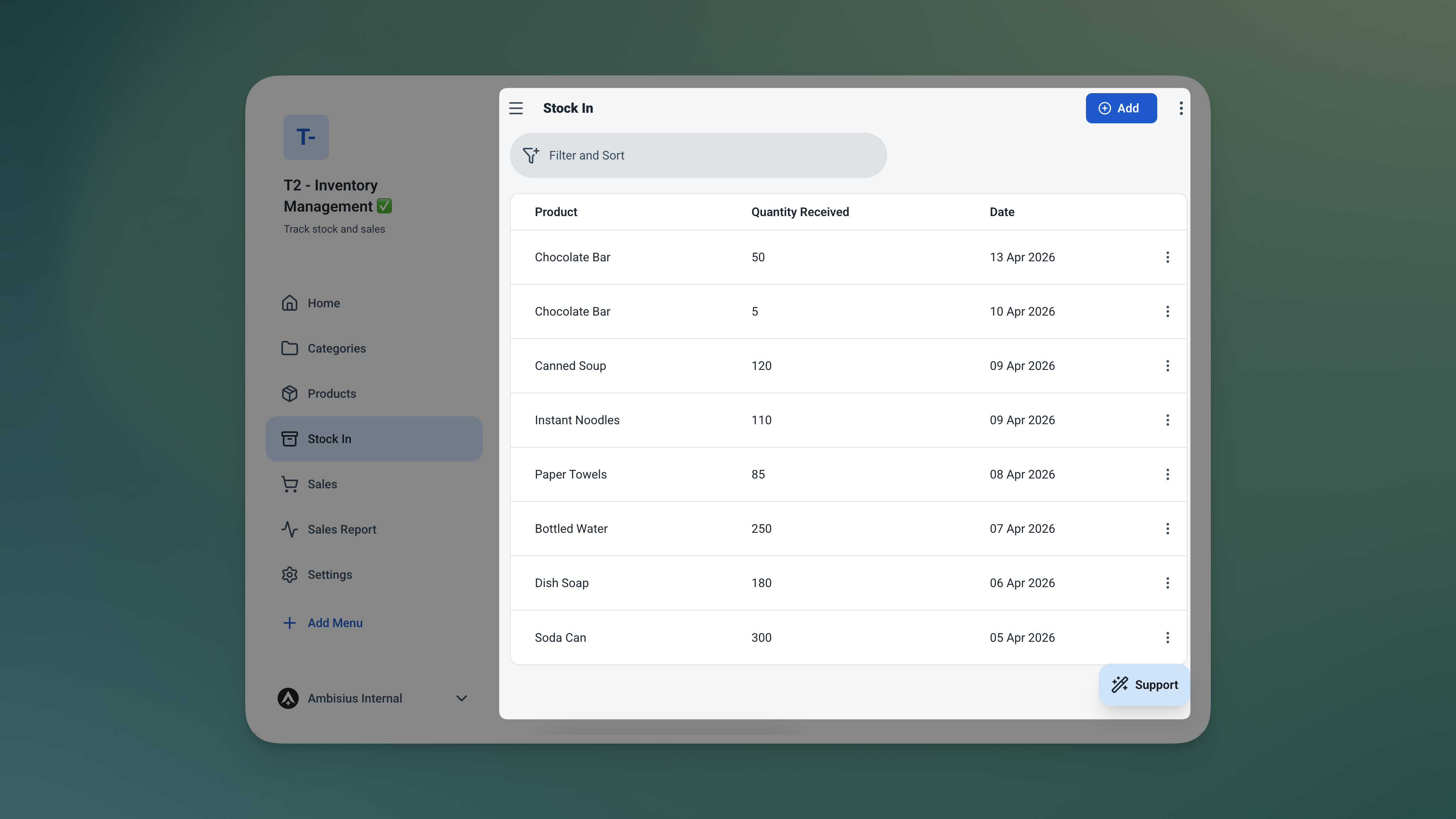 Formulir Stok Masuk di aplikasi Ambisius dengan produk terpilih dan jumlah dimasukkan, menunjukkan tingkat stok yang diperbarui