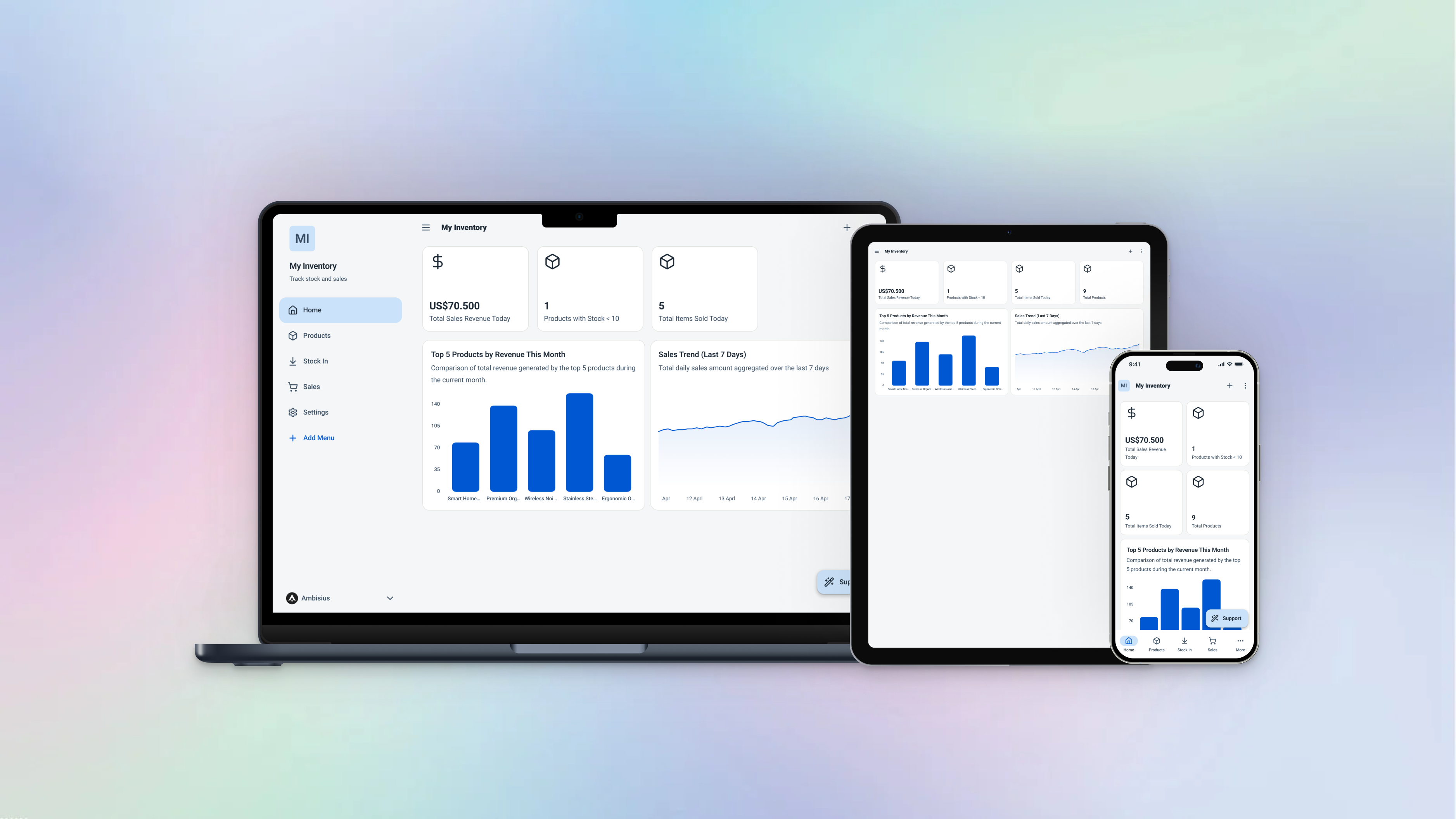Ambisius app shown on mobile phone and desktop browser simultaneously, displaying the same live dashboard data