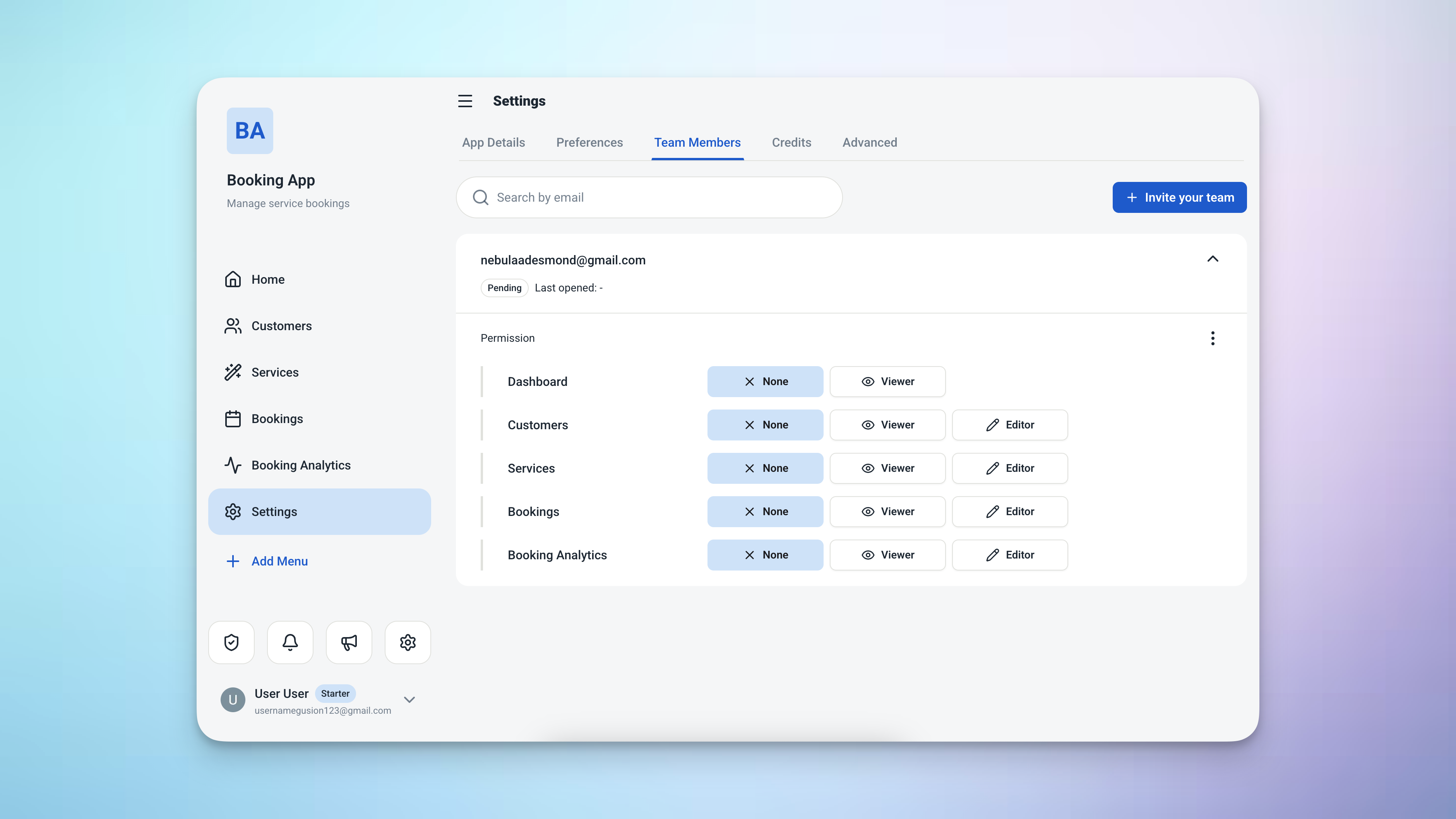 Ambisius team access control settings showing per-menu and per-action permissions for different staff roles