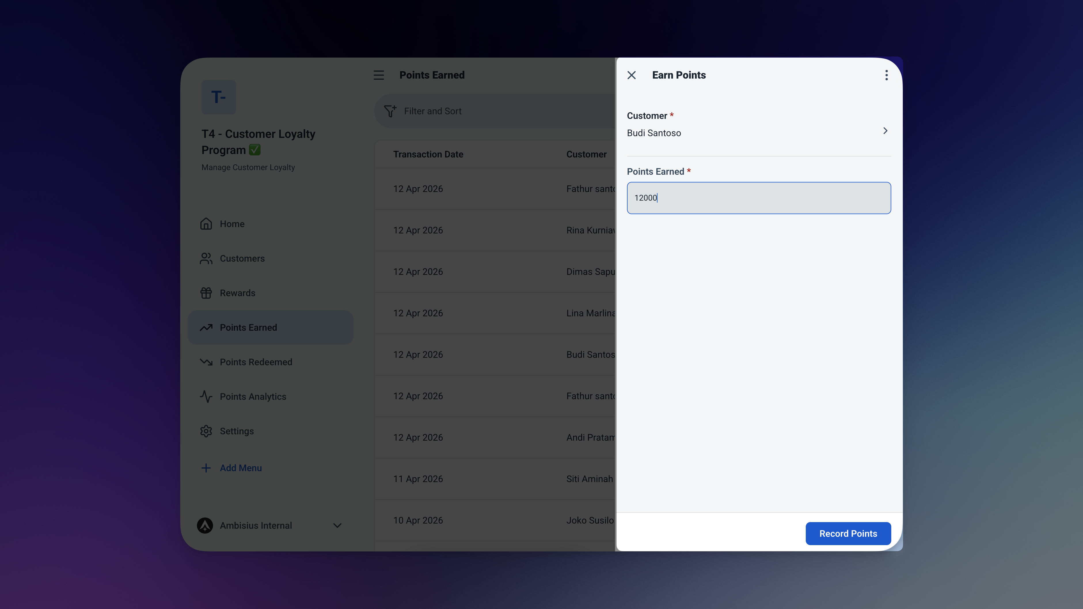 Points Earned form in Ambisius showing customer selected, points entered, and updated balance displayed