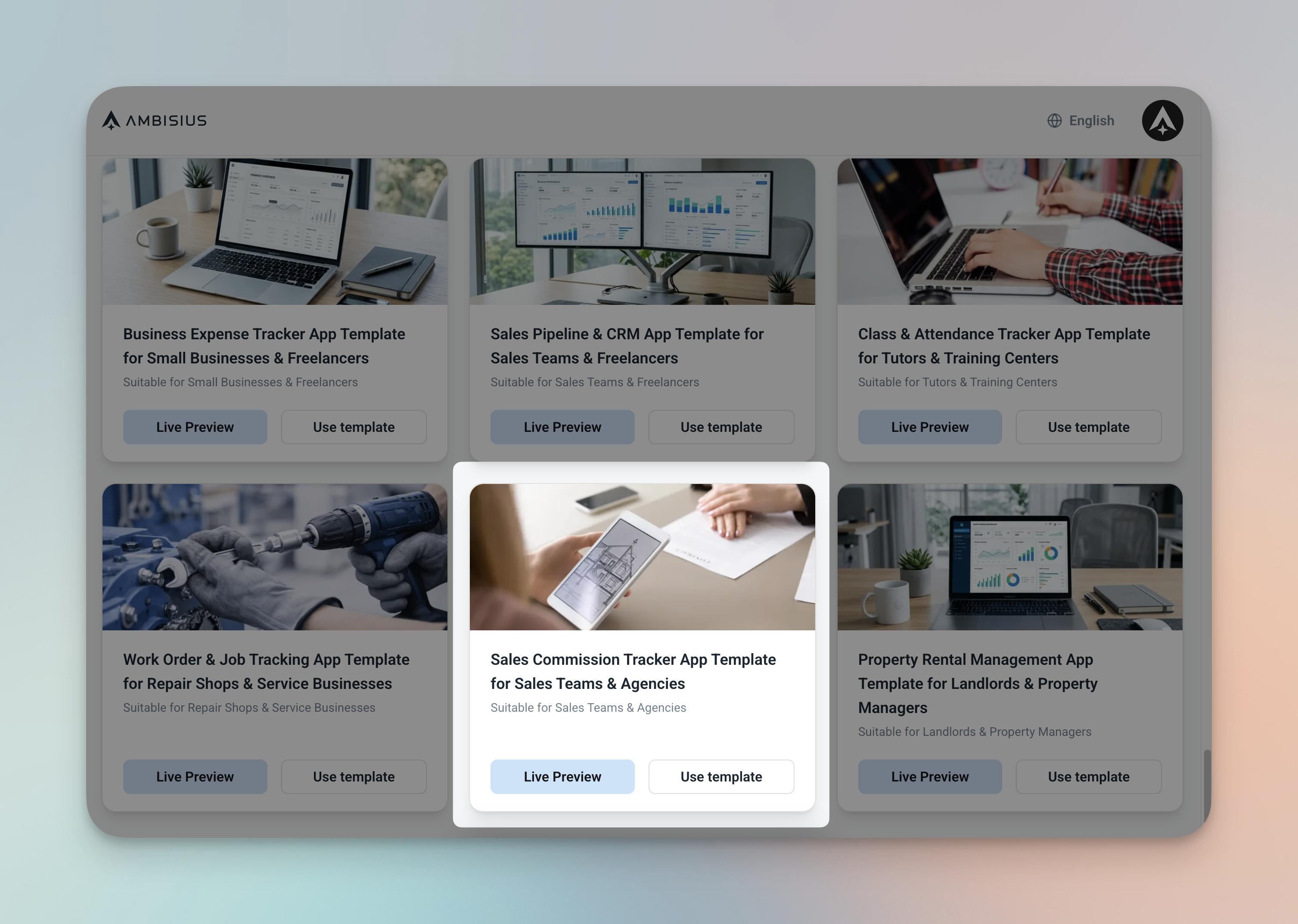 Ambisius template catalogue showing the Commission Tracker template card ready to duplicate