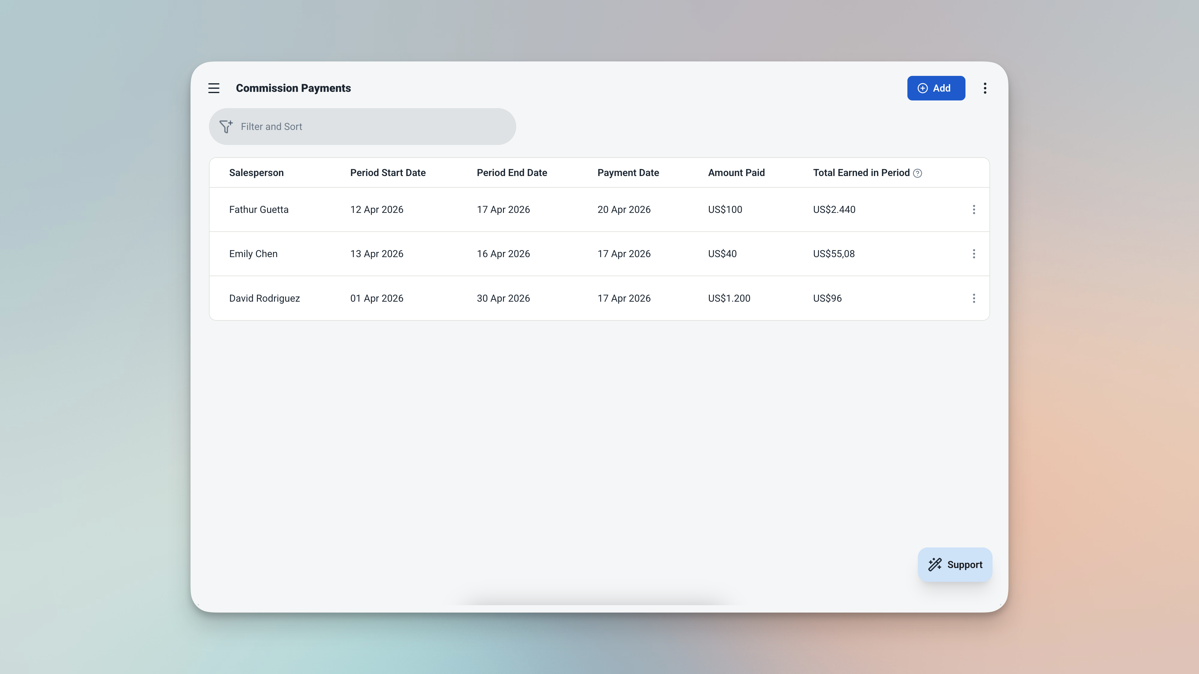 Ambisius Commission Payments table showing period dates, auto-calculated total commission earned, and amount paid columns