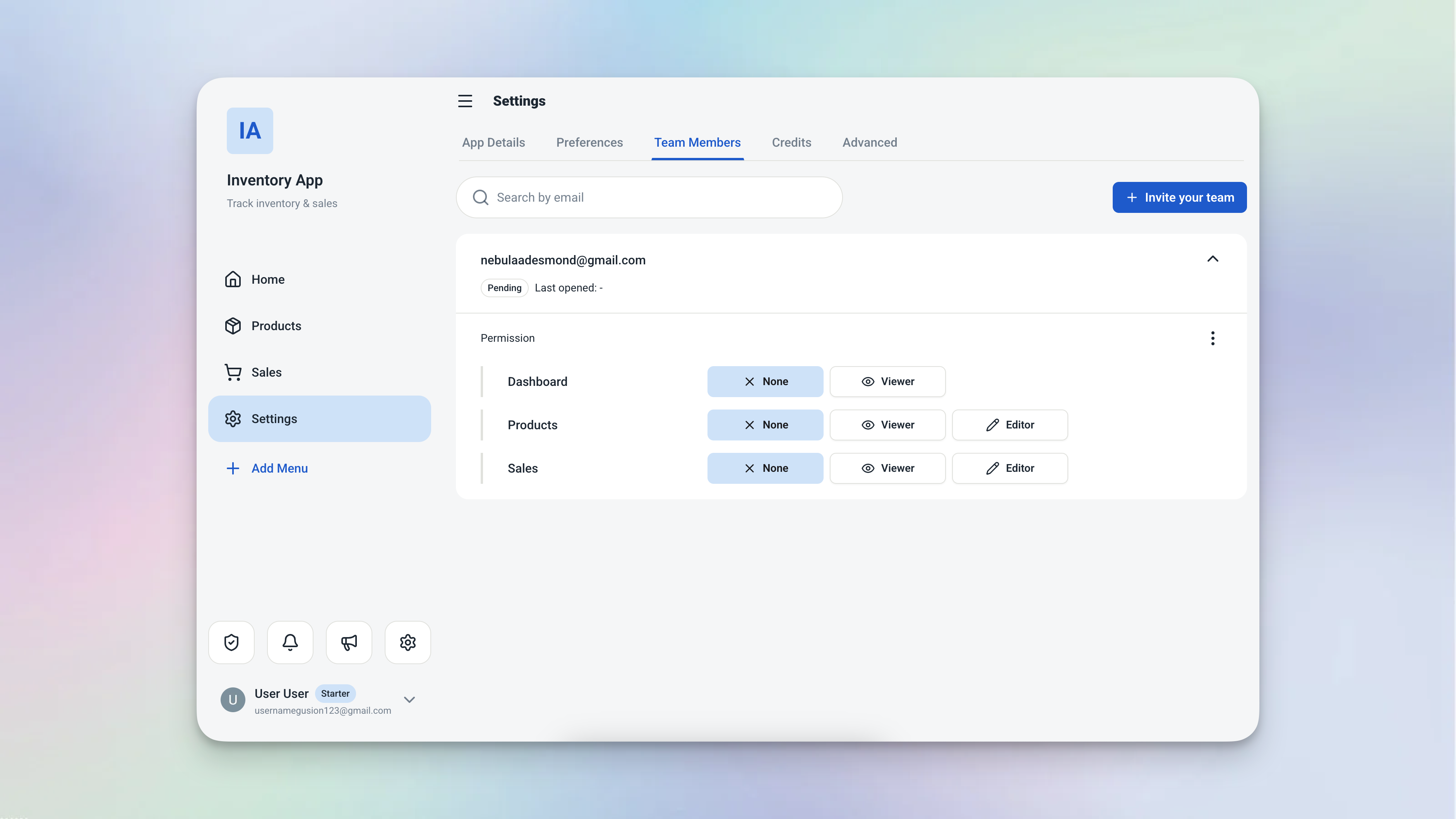 Ambisius access control settings showing per-menu and per-action permissions for different staff roles