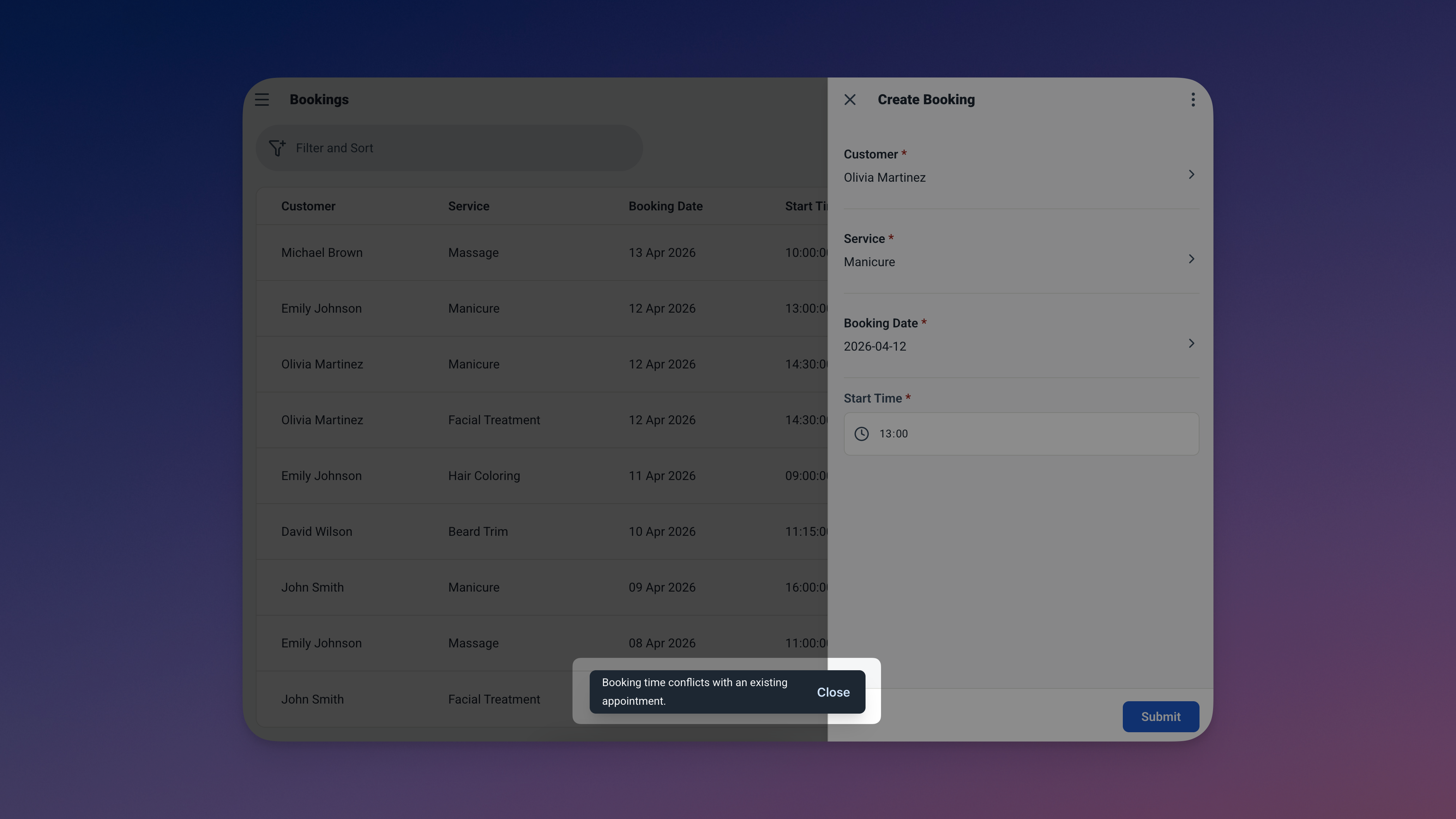 Pesan kesalahan validasi pada formulir pemesanan yang menunjukkan slot waktu yang tumpang tindih diblokir